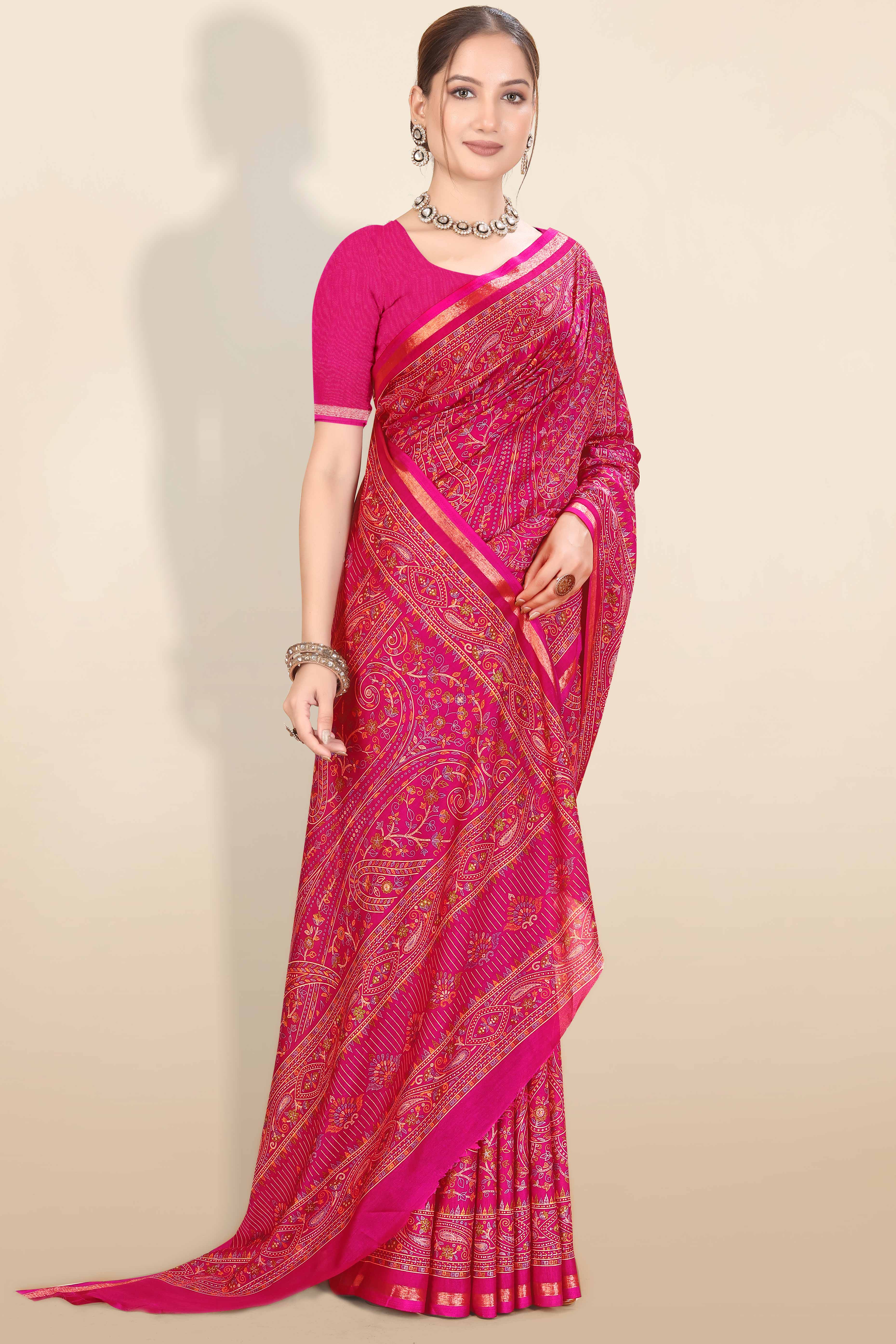 Pink Floral Printed Dola Kashmiri Dola Silk Saree Highlighted With Rich Golden Zari Border