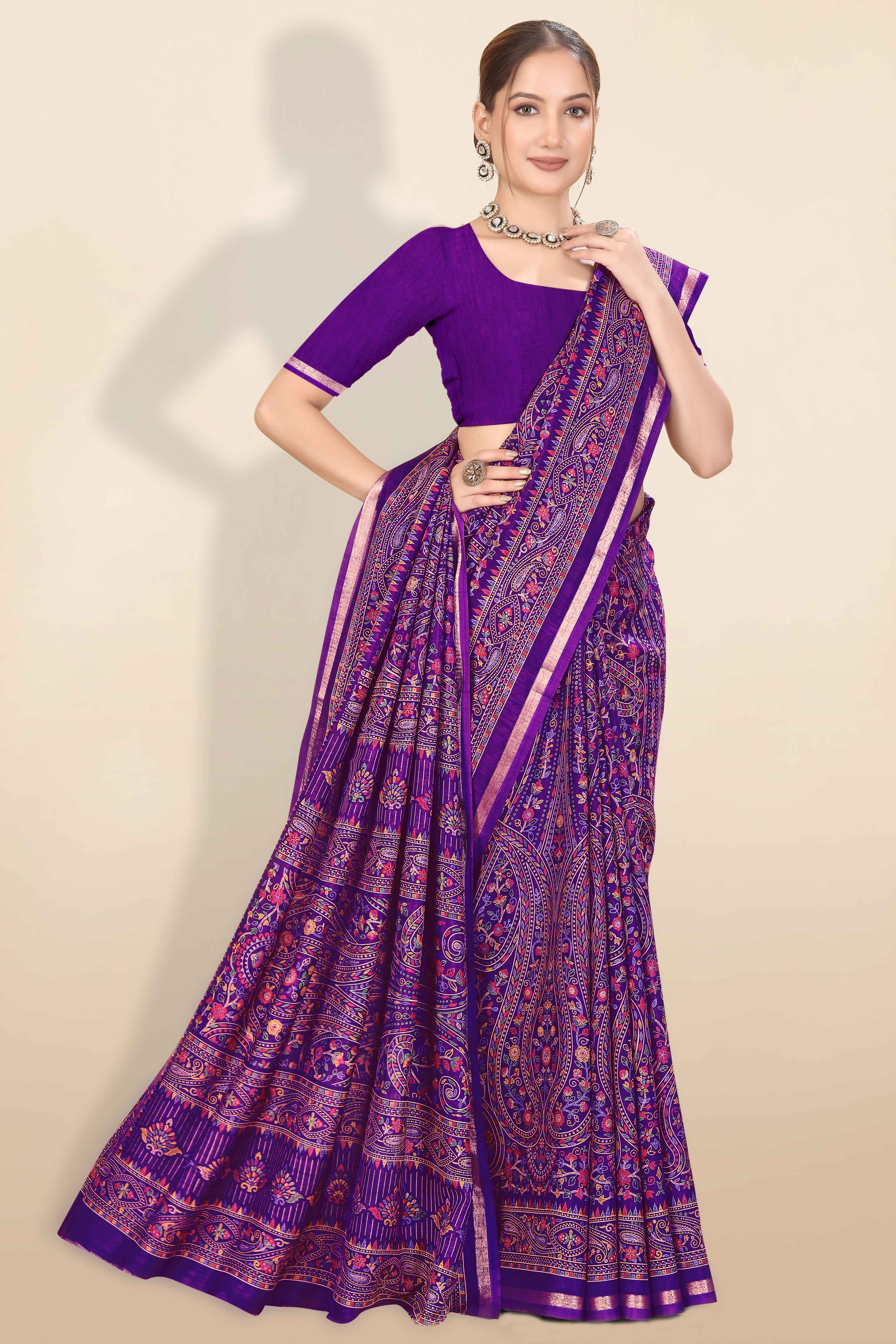 Purple Floral Printed Dola Kashmiri Dola Silk Saree Highlighted With Rich Golden Zari Border