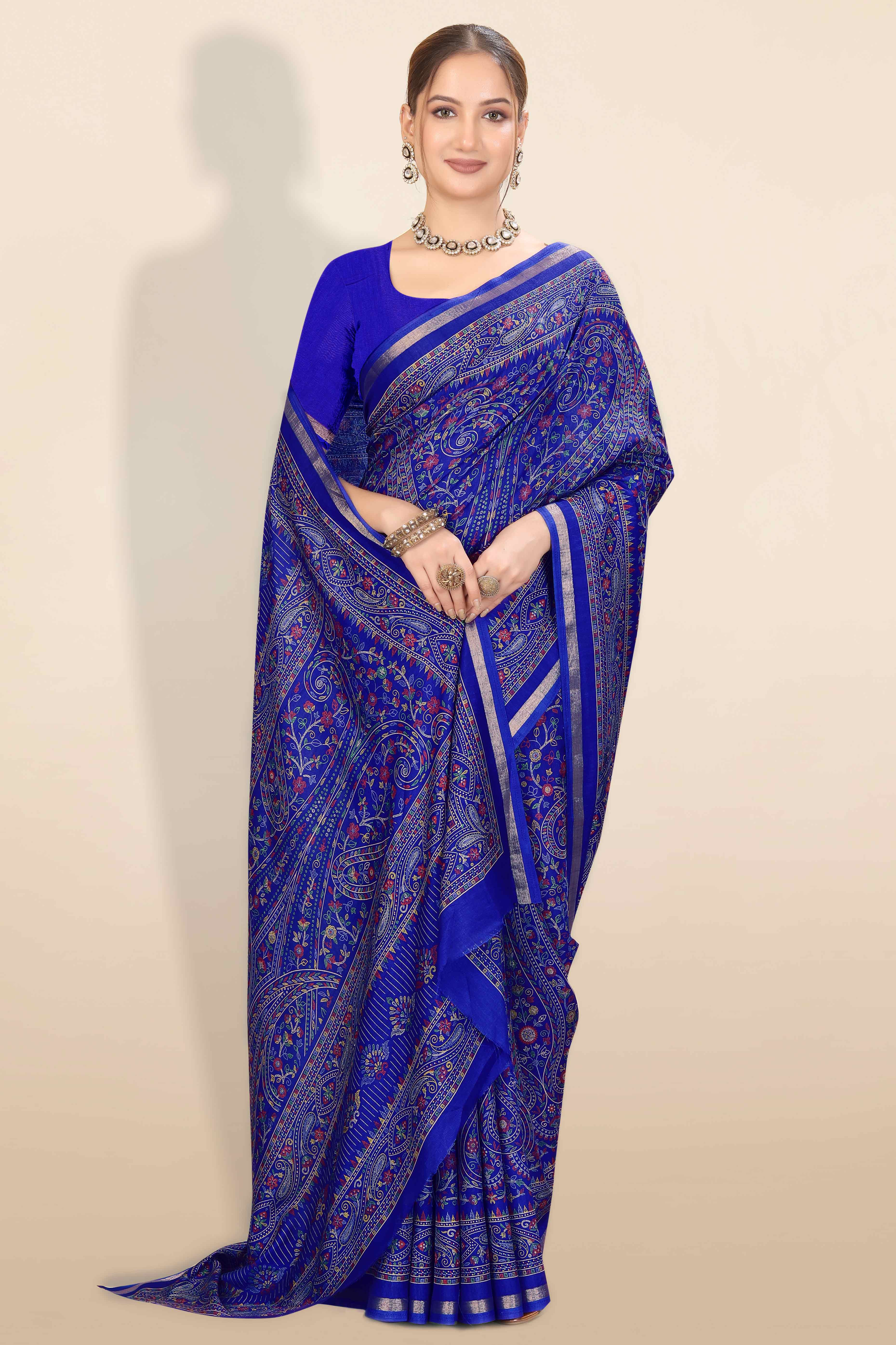 Royal Blue Floral Printed Dola Kashmiri Dola Silk Saree Highlighted With Rich Golden Zari Border
