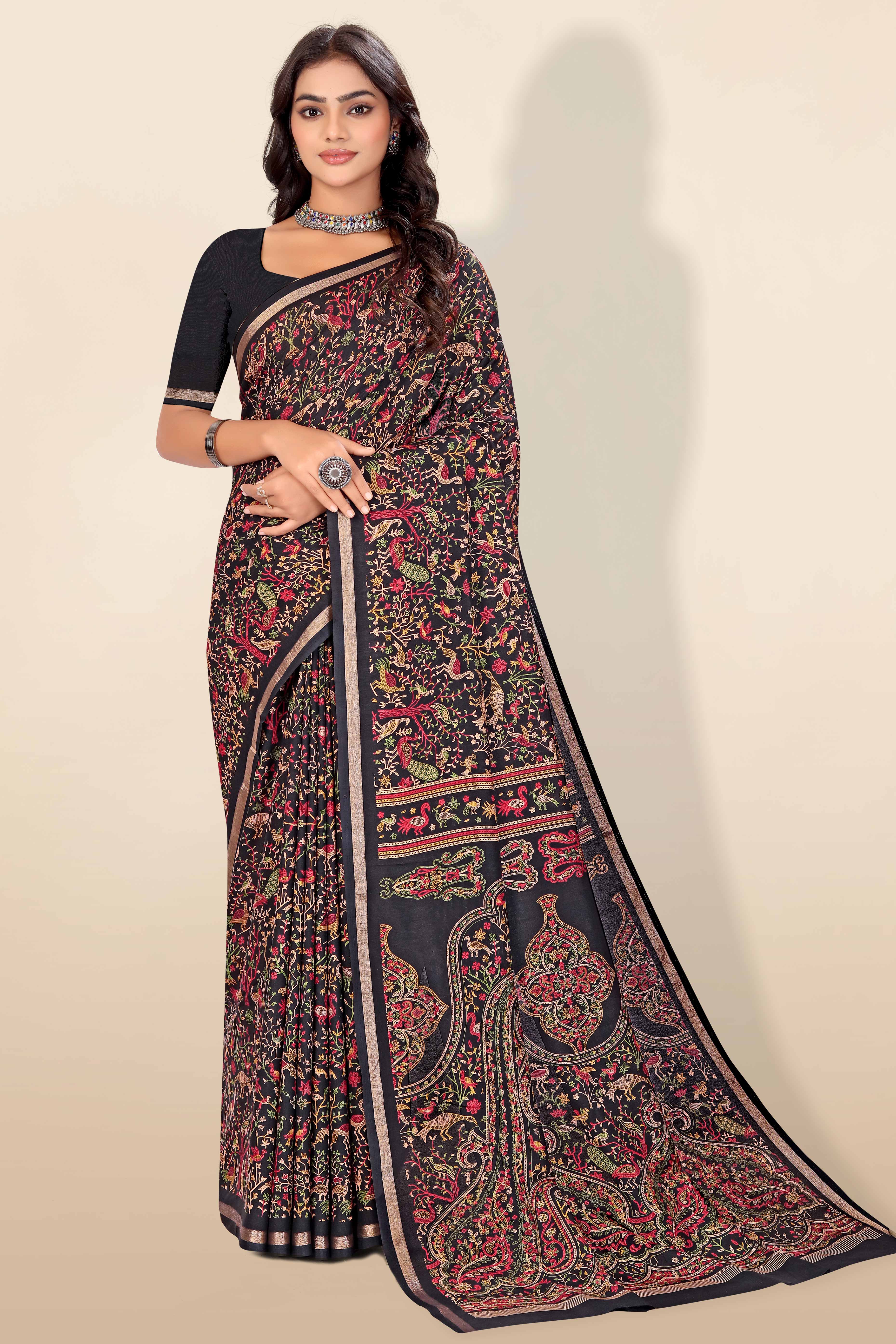 Black Tussar Silk Blend Saree with Intricate Floral & Bird Kashmiri Print & Elegant Zari Border