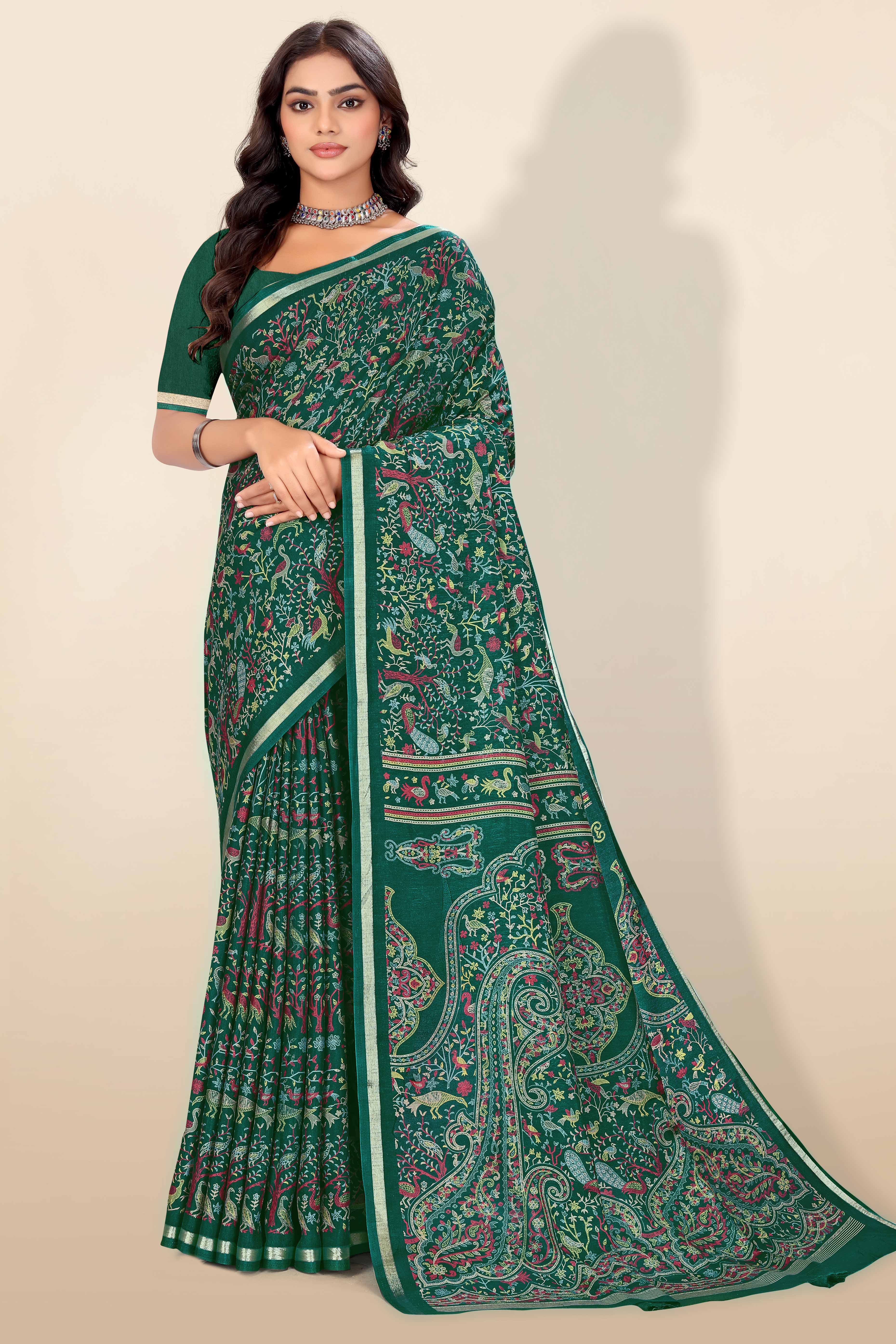 Green Tussar Silk Blend Saree with Intricate Floral & Bird Kashmiri Print & Elegant Zari Border