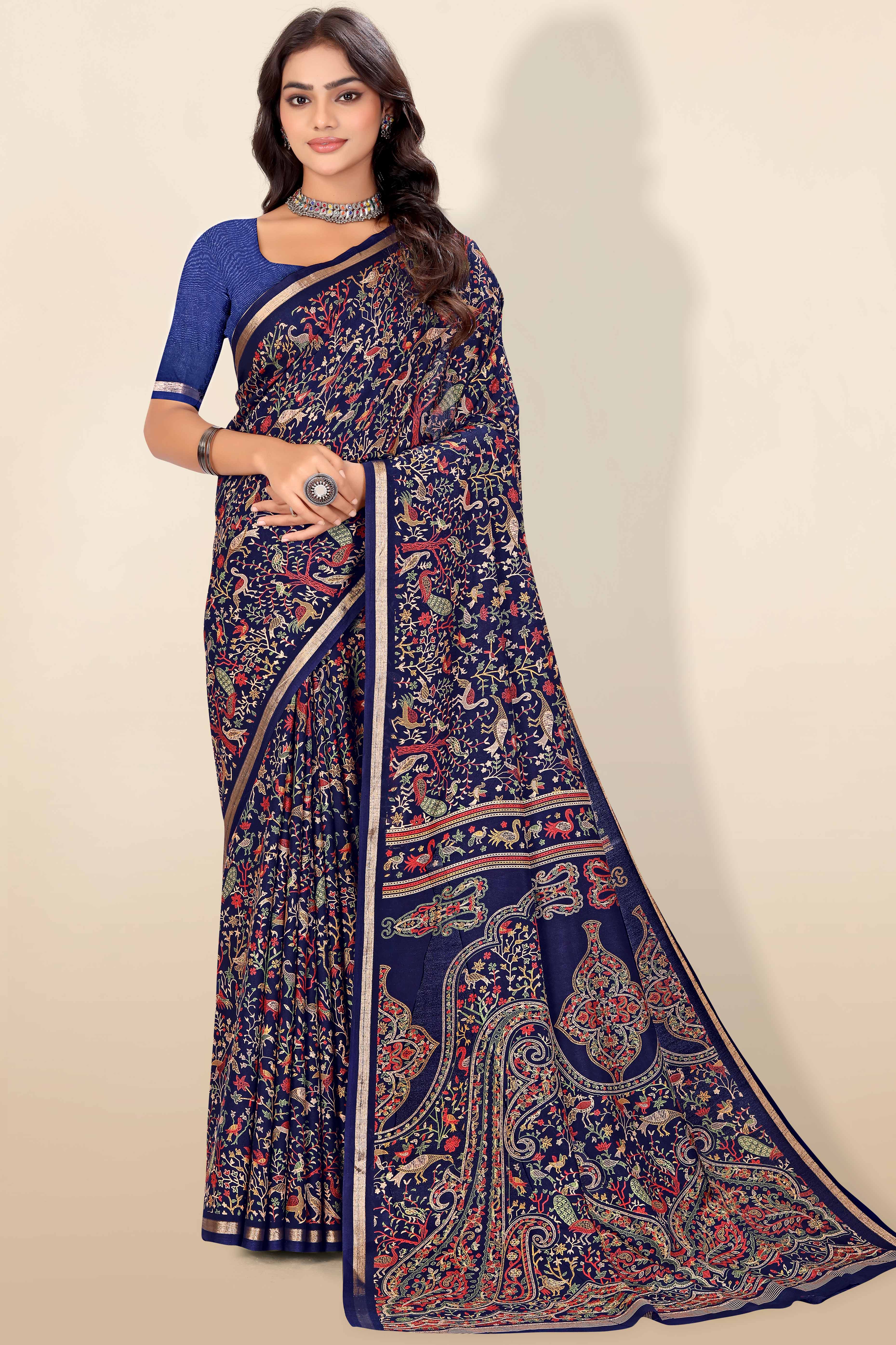 Navy Blue Tussar Silk Blend Saree with Intricate Floral & Bird Kashmiri Print & Elegant Zari Border