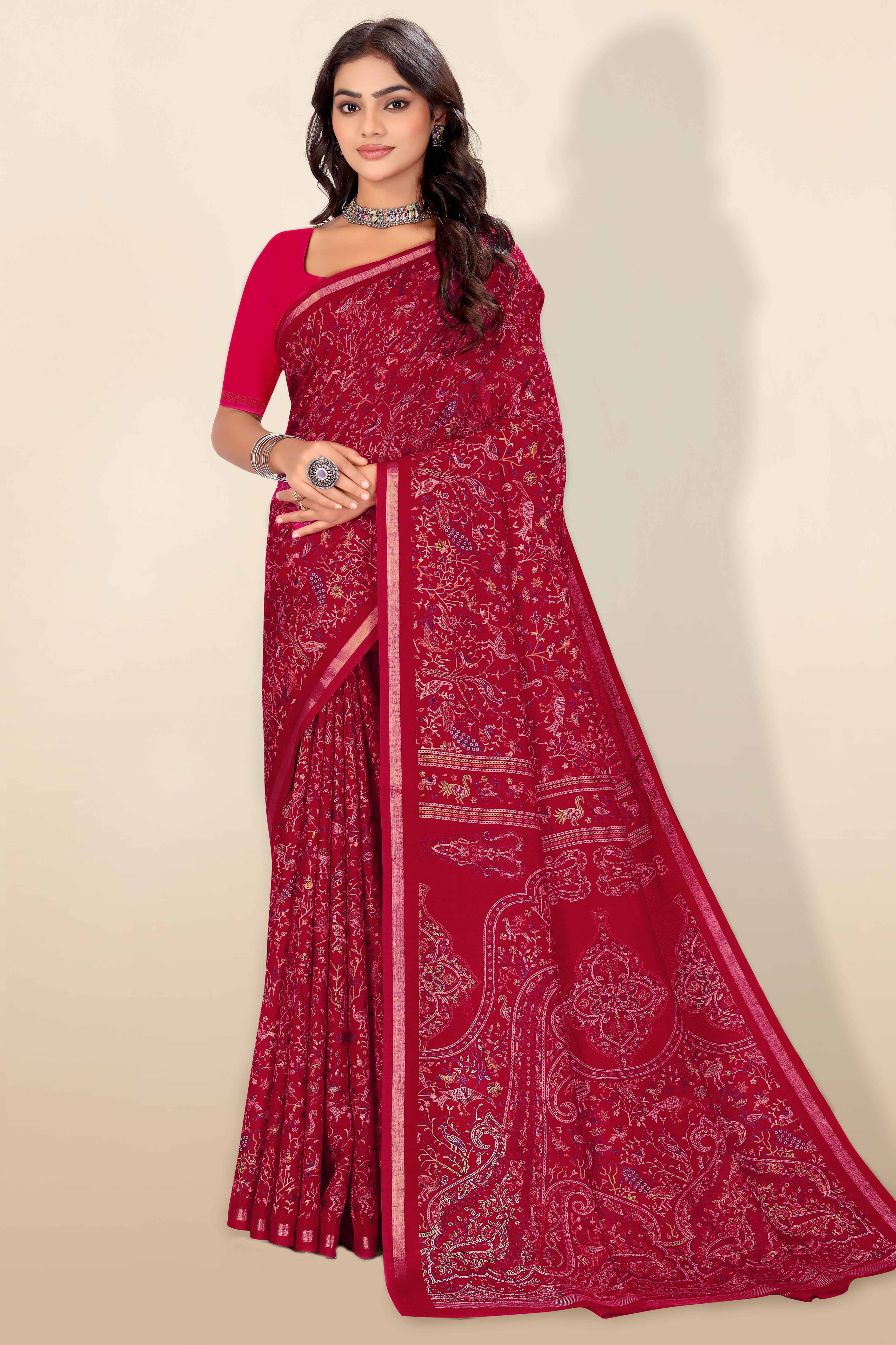 Pink Tussar Silk Blend Saree with Intricate Floral & Bird Kashmiri Print & Elegant Zari Border