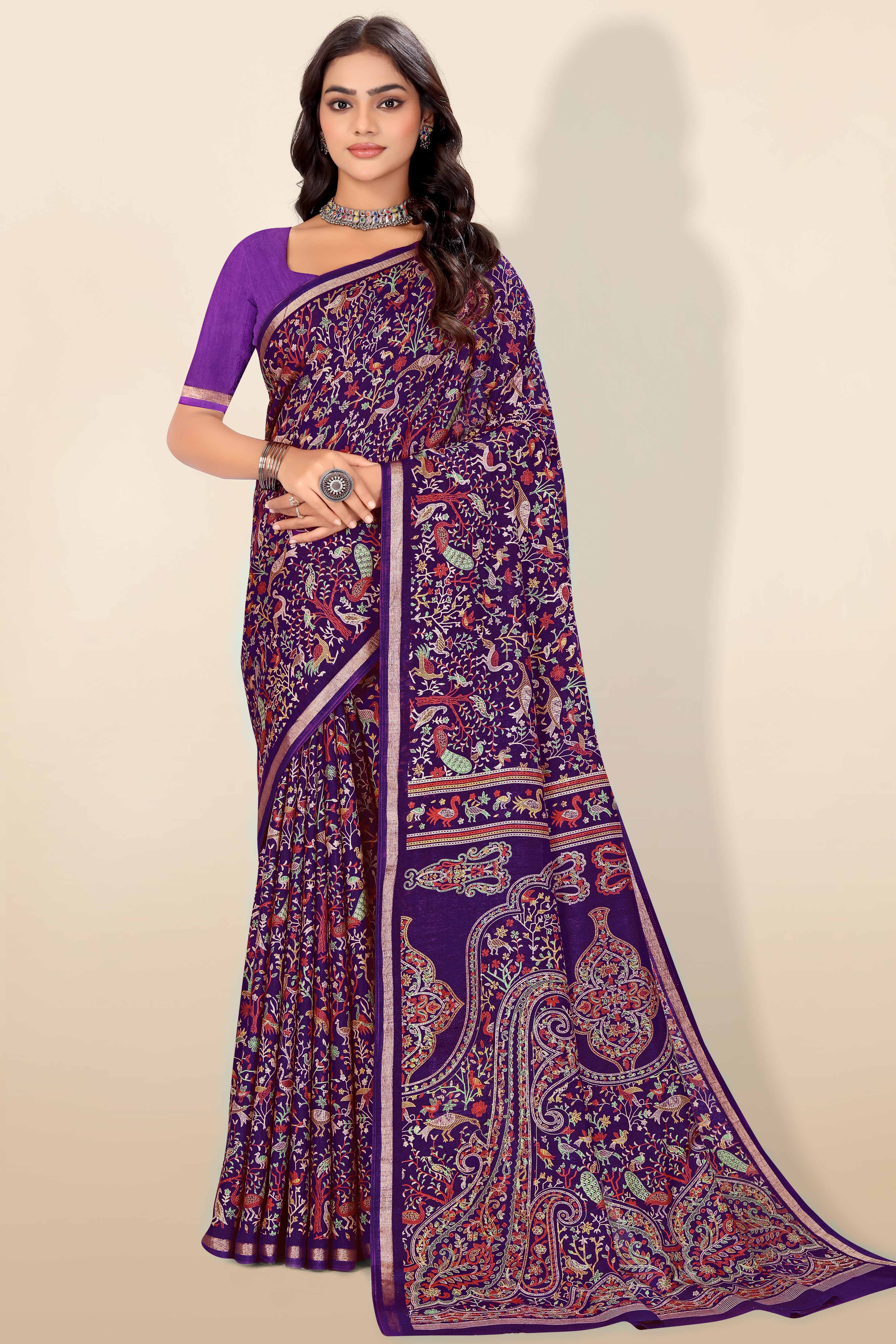 Purple Tussar Silk Blend Saree with Intricate Floral & Bird Kashmiri Print & Elegant Zari Border