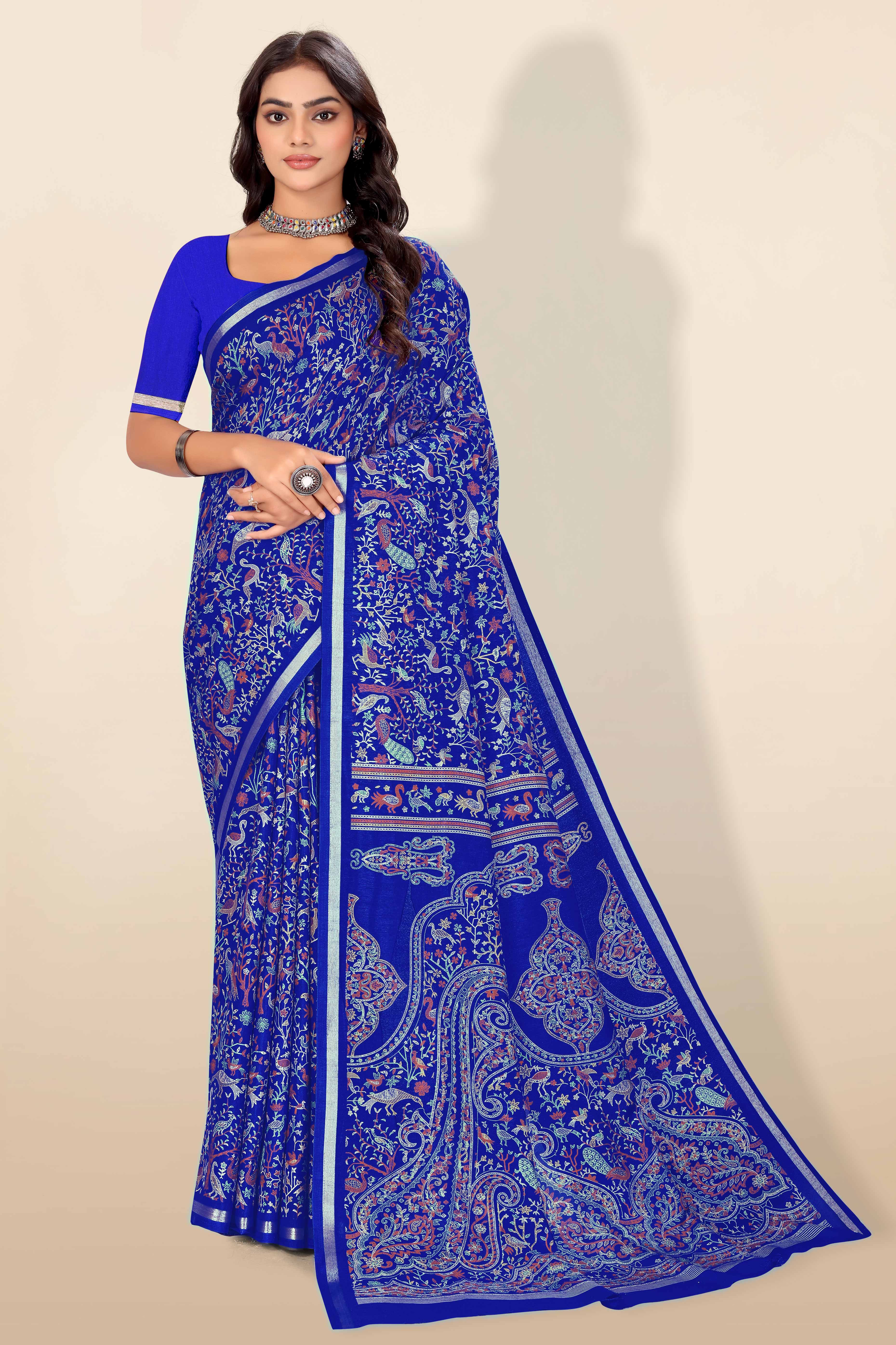 Royal Blue Tussar Silk Blend Saree with Intricate Floral & Bird Kashmiri Print & Zari Border