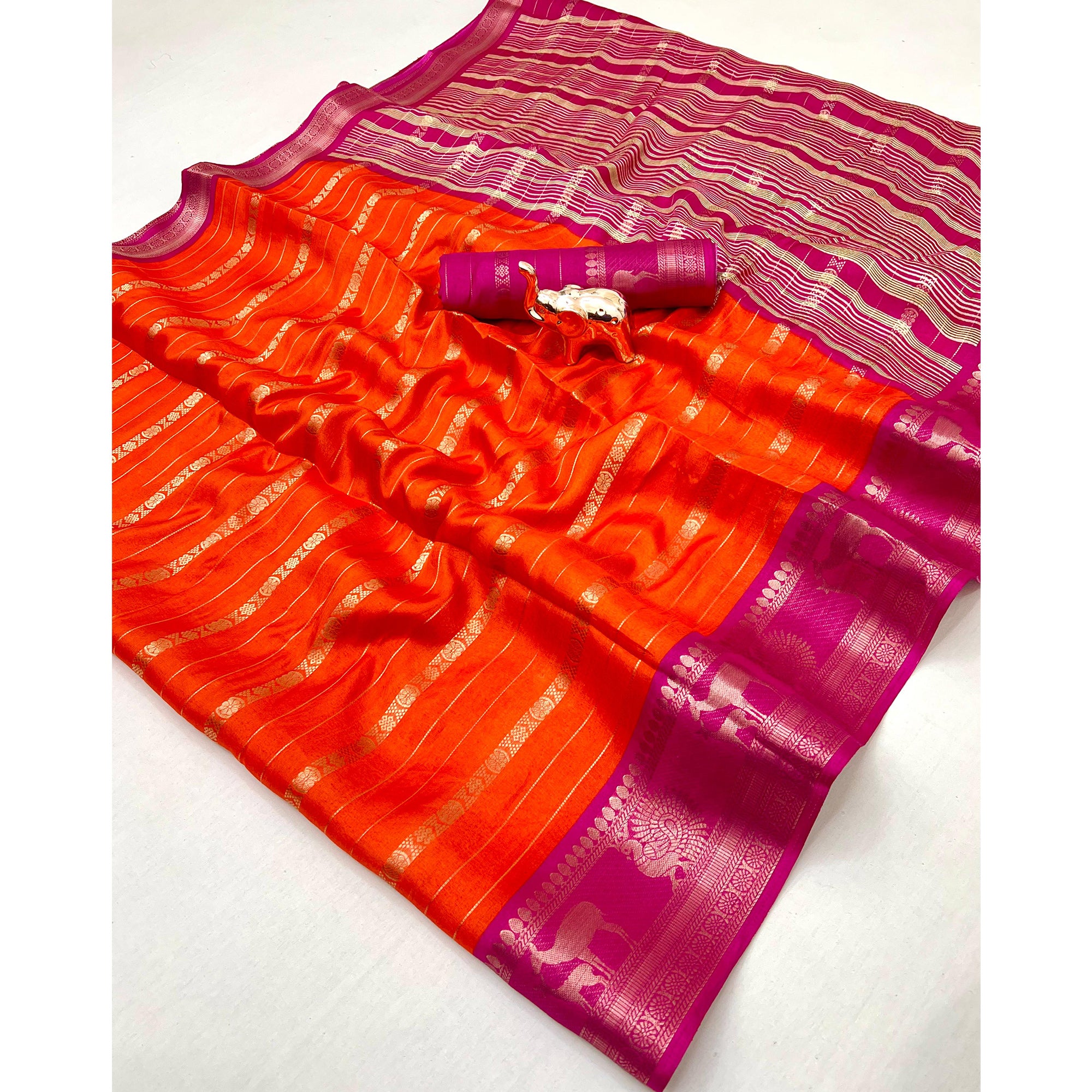 Orange Floral Weaving Mysore Silk Saree With Peacock Print Pallu & Two-Tone Padding Border Work