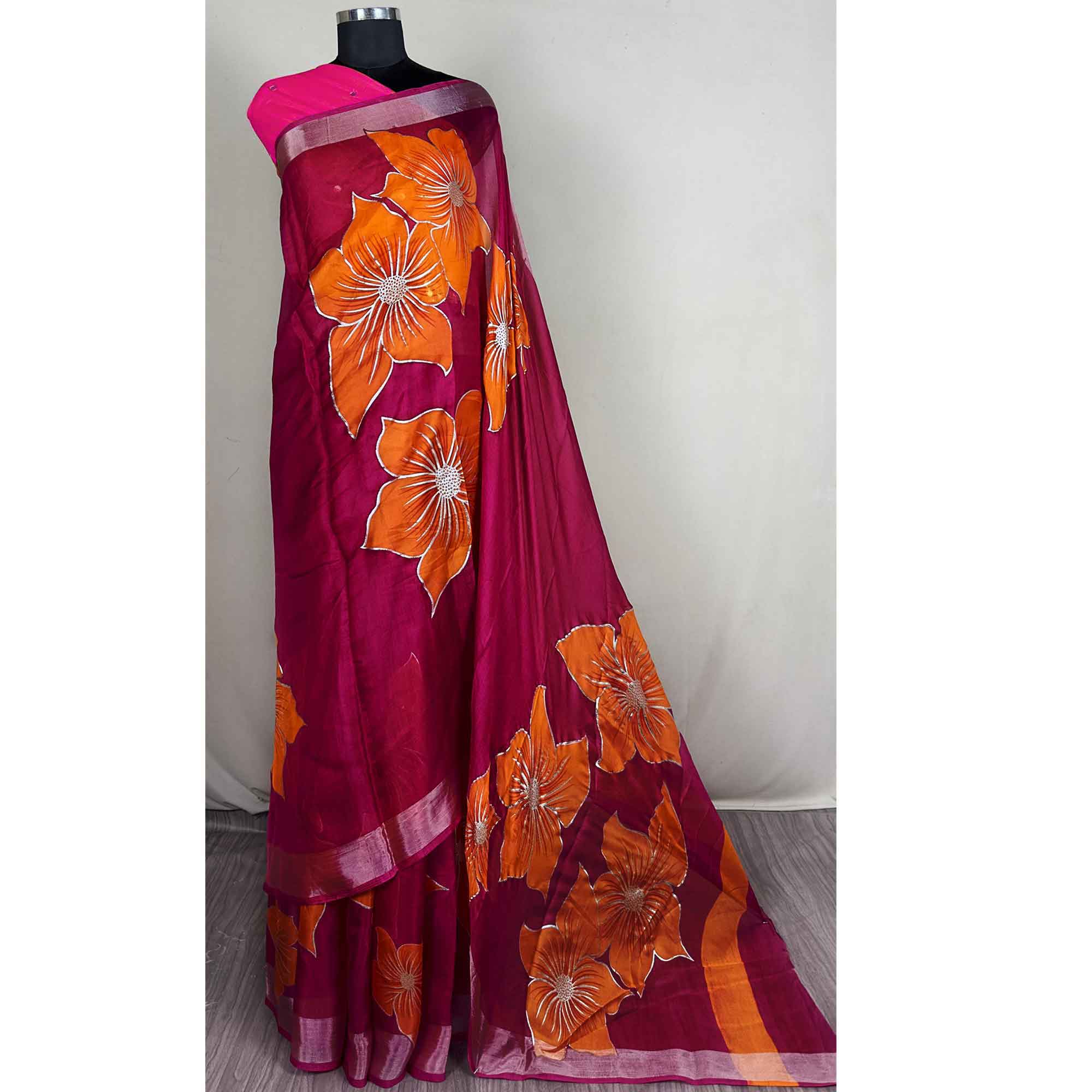 Vibrant Rani Pink & Orange Floral Foil Printed Organza Saree With Designer Unstitched Blouse