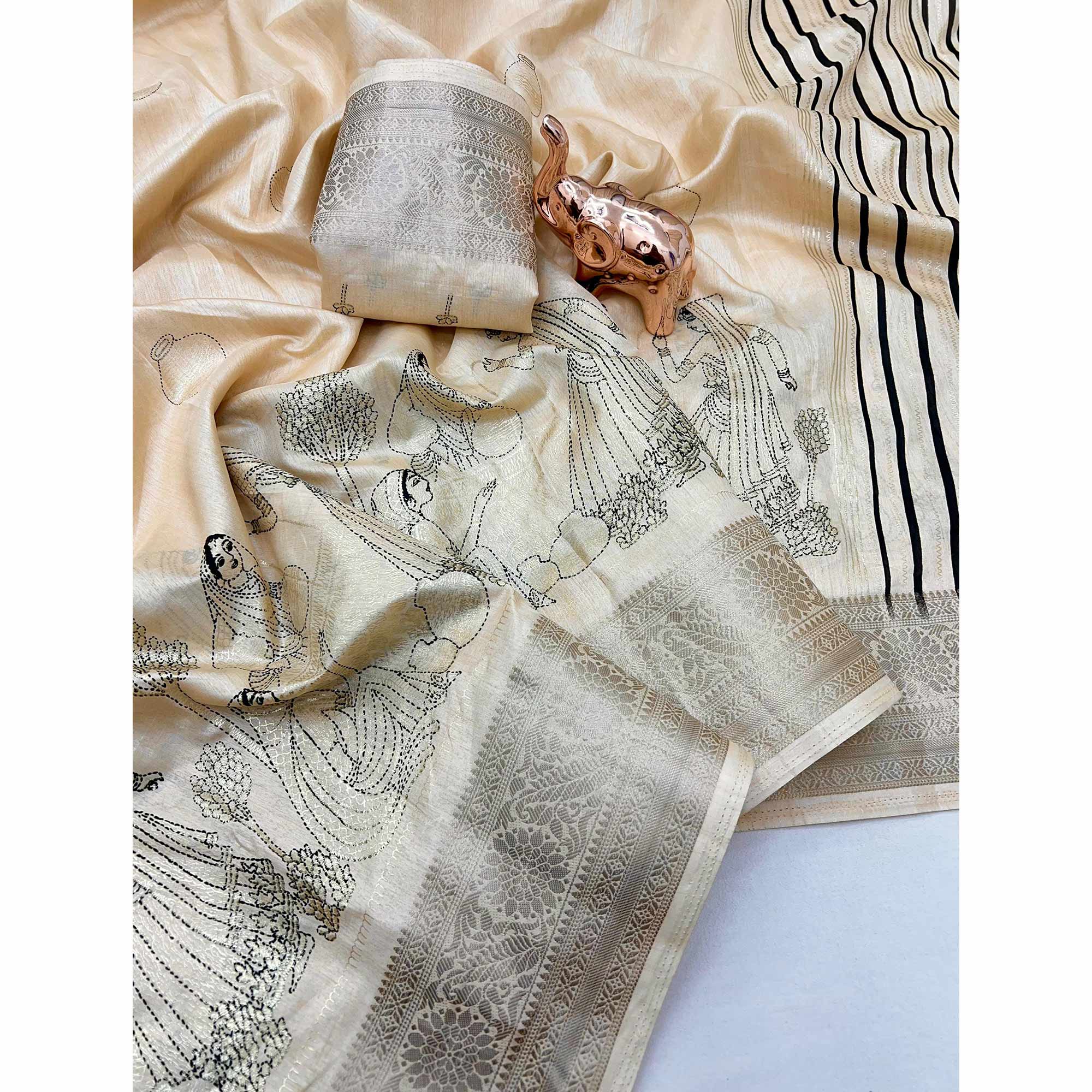Traditional Print With Weaving Dola Silk Saree in Soft Cream Hue