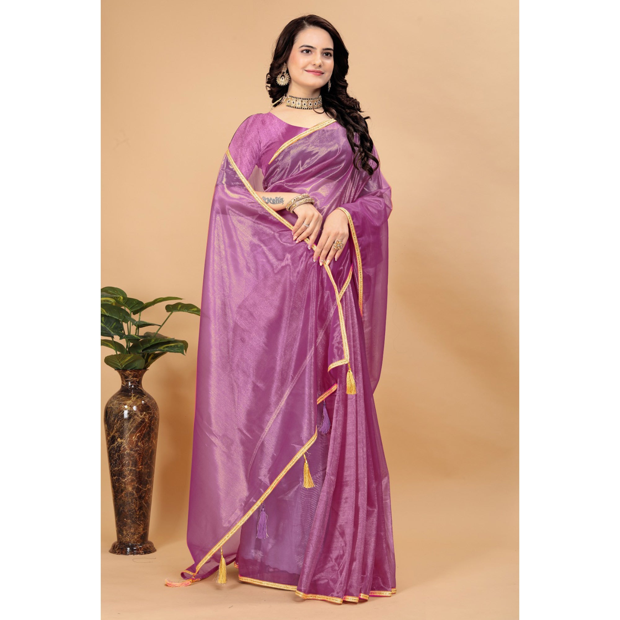 Purple Solid Nylon Saree With Lace Border