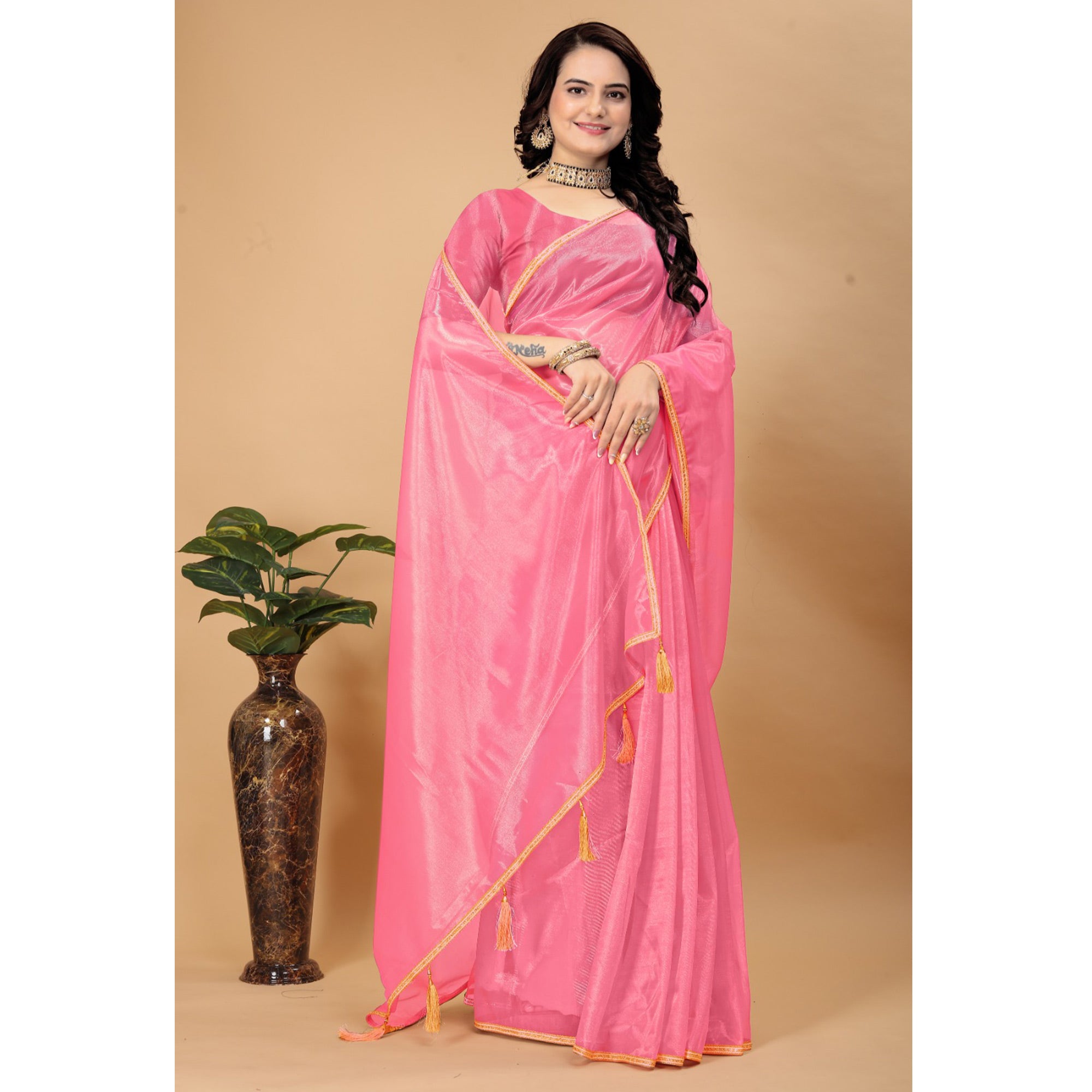 Rose Pink Solid Nylon Saree With Lace Border