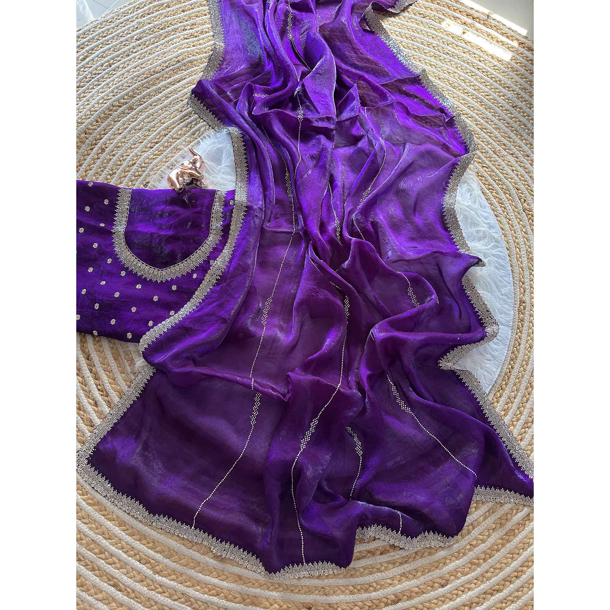 Classic Purple Pure Silk Saree Adorned With Sparkling Jarkan Work & An Exquisite Designer Border