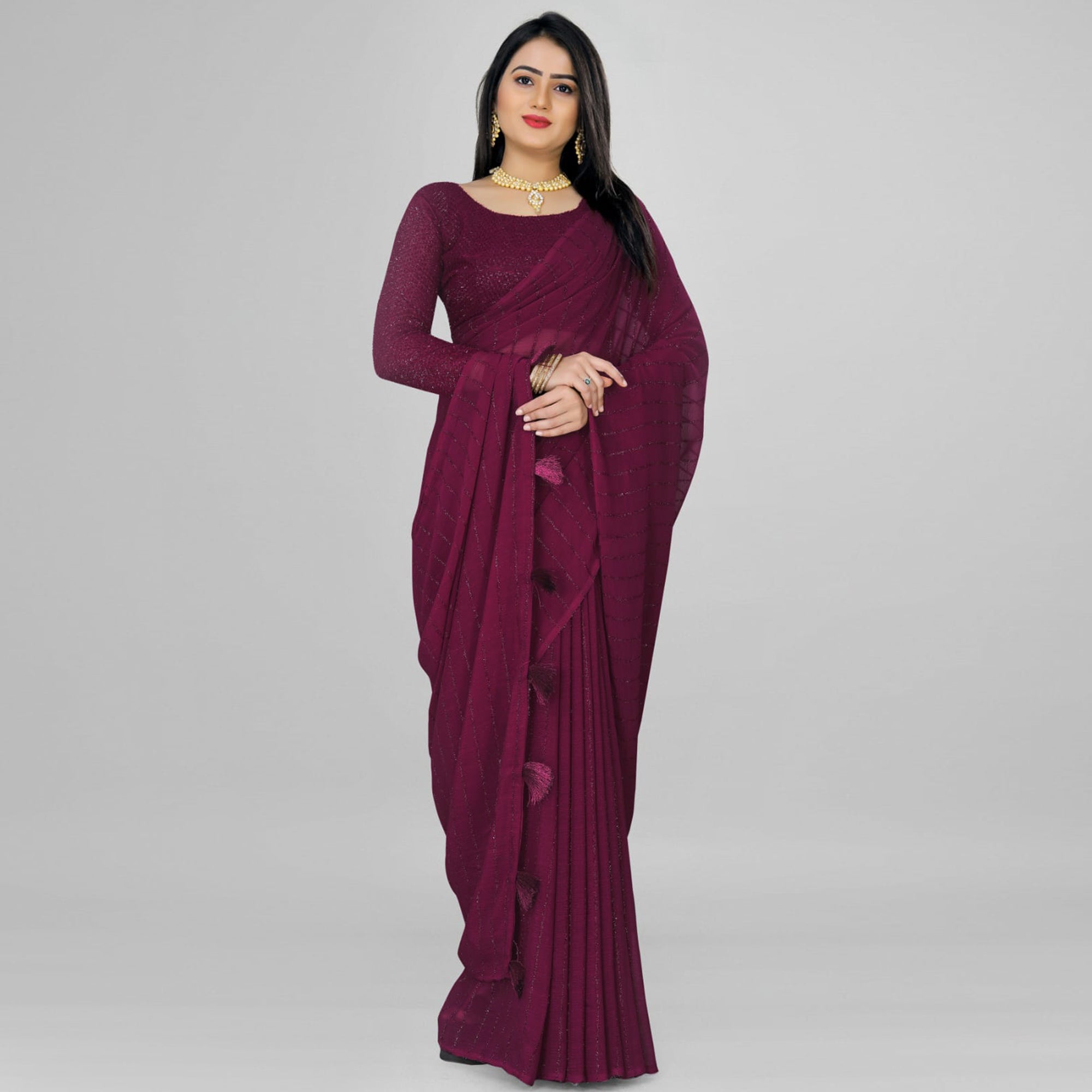 Purple Woven Chiffon Saree with Tassels