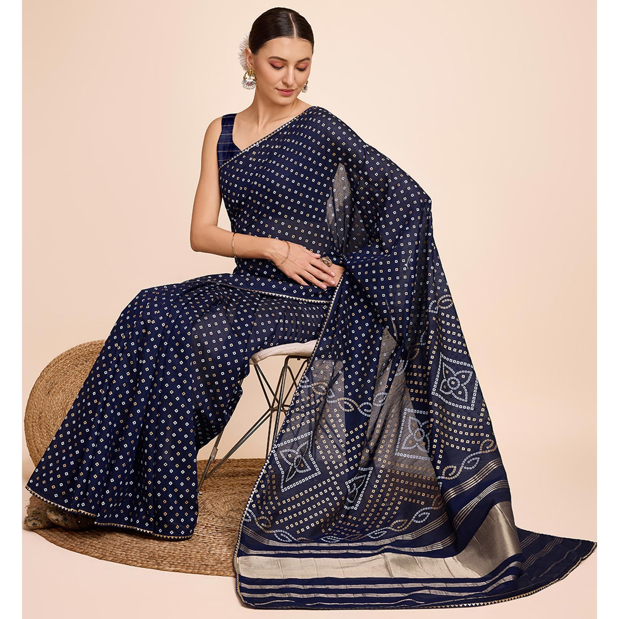 Blue Bandhani Printed Cotton Silk Saree