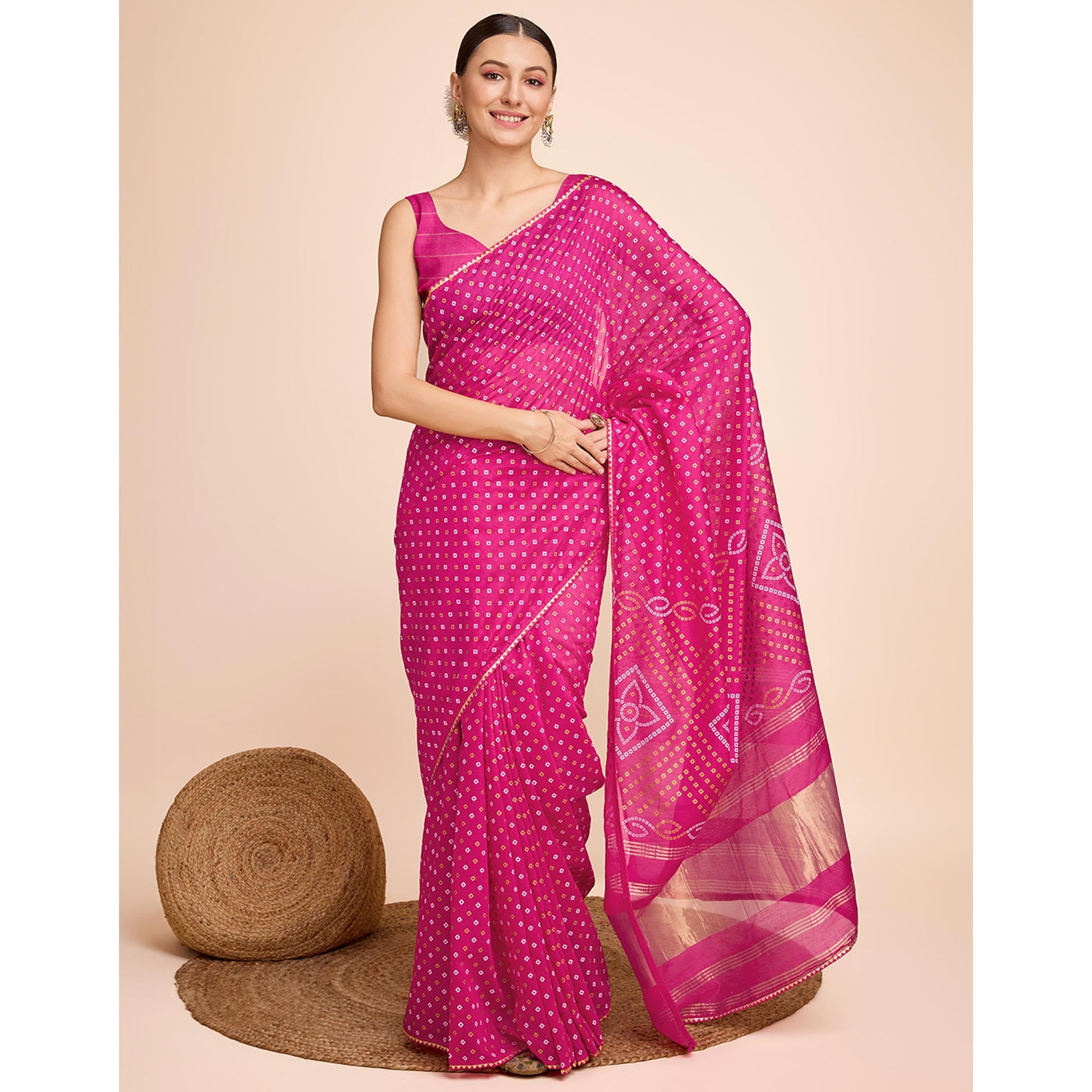 Pink Bandhani Printed Cotton Silk Saree