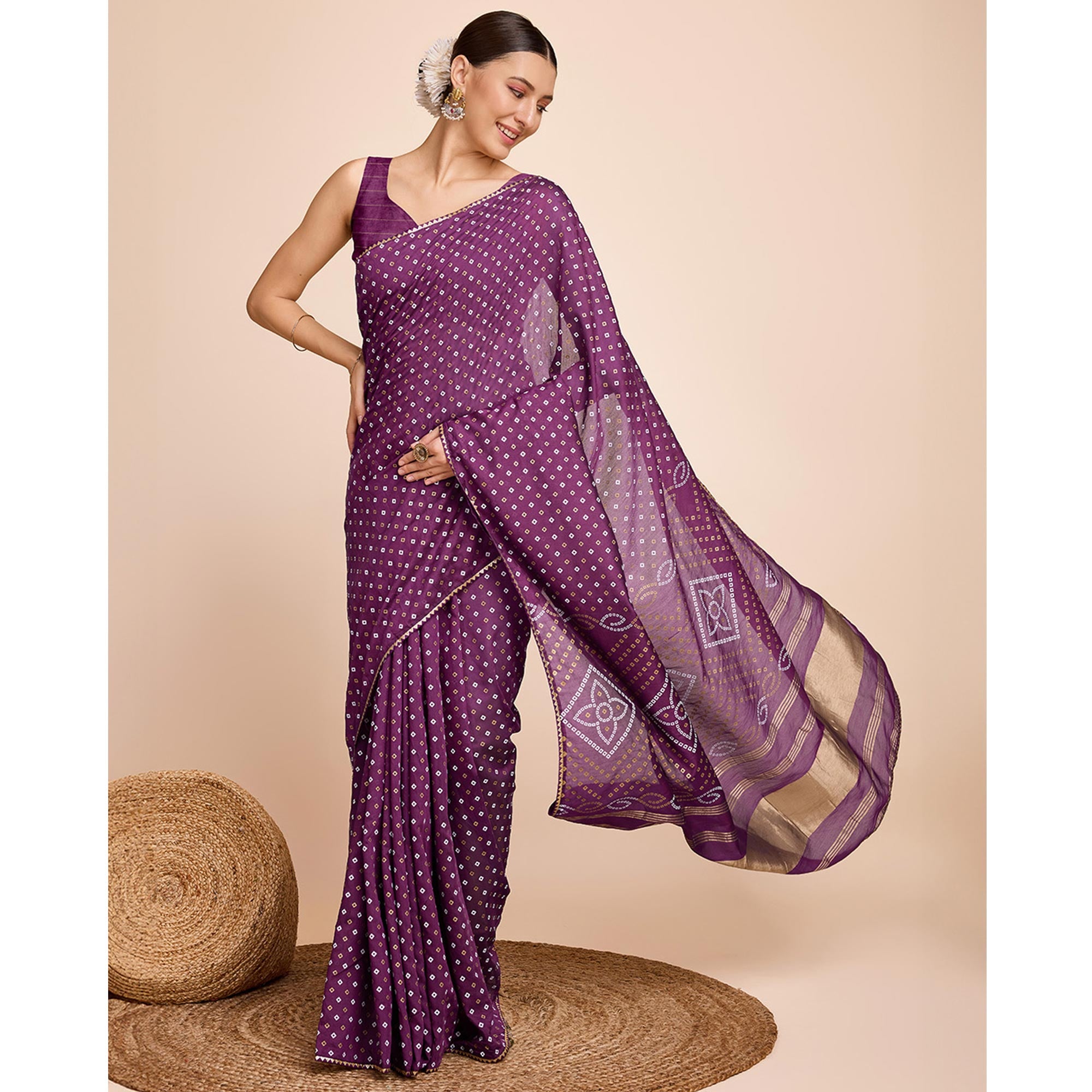 Purple Bandhani Printed Cotton Silk Saree
