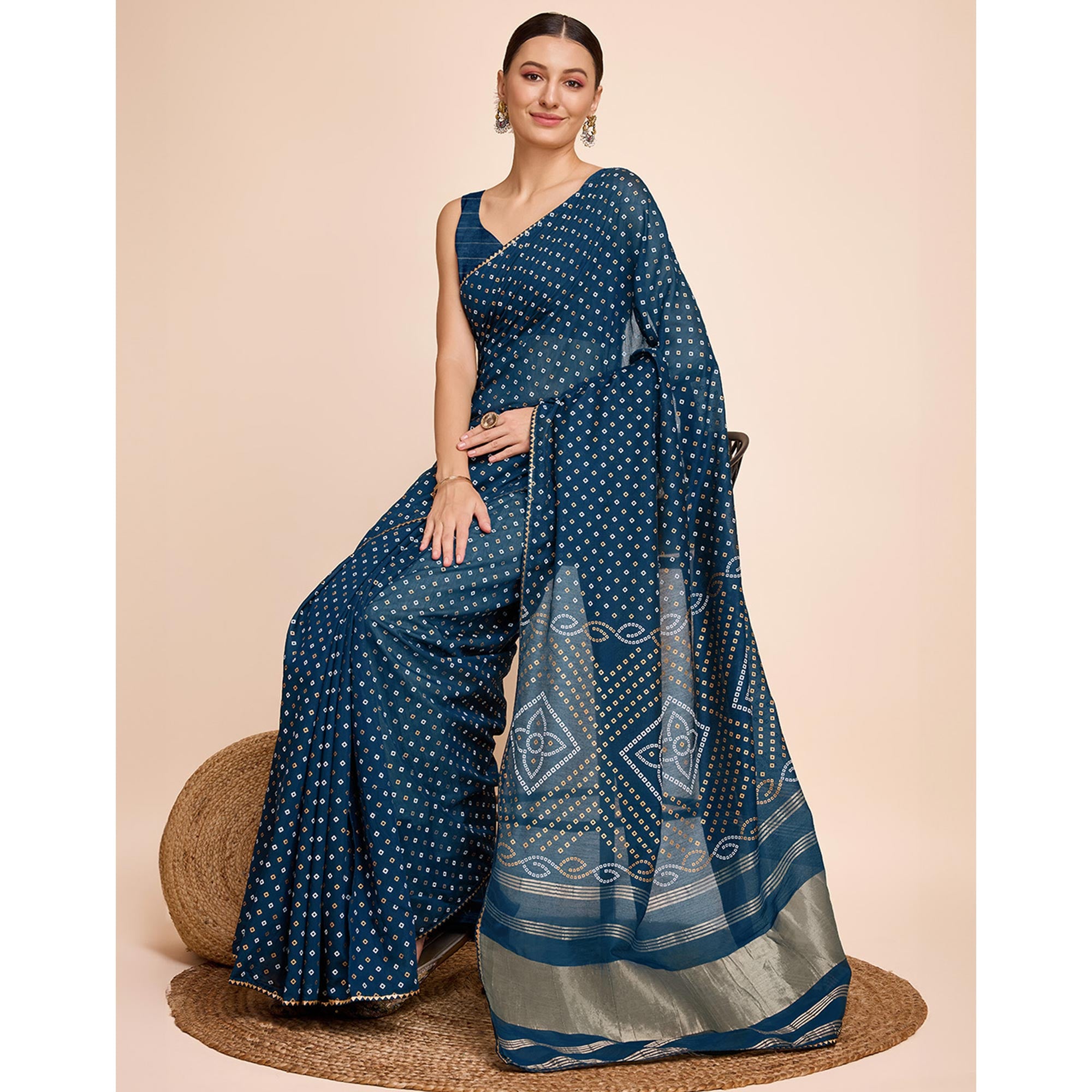 Teal Bandhani Printed Cotton Silk Saree