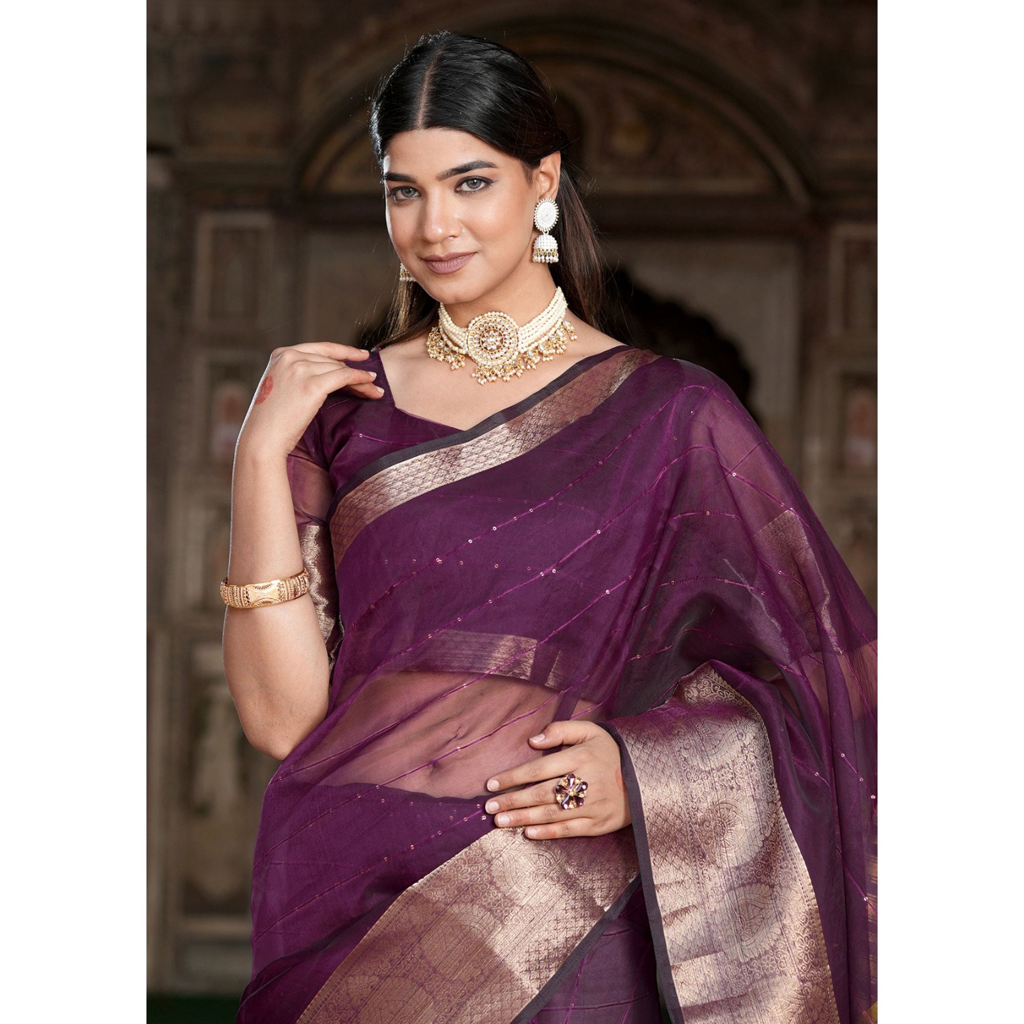 Purple Sequins Embroidered Organza Saree With Woven Border