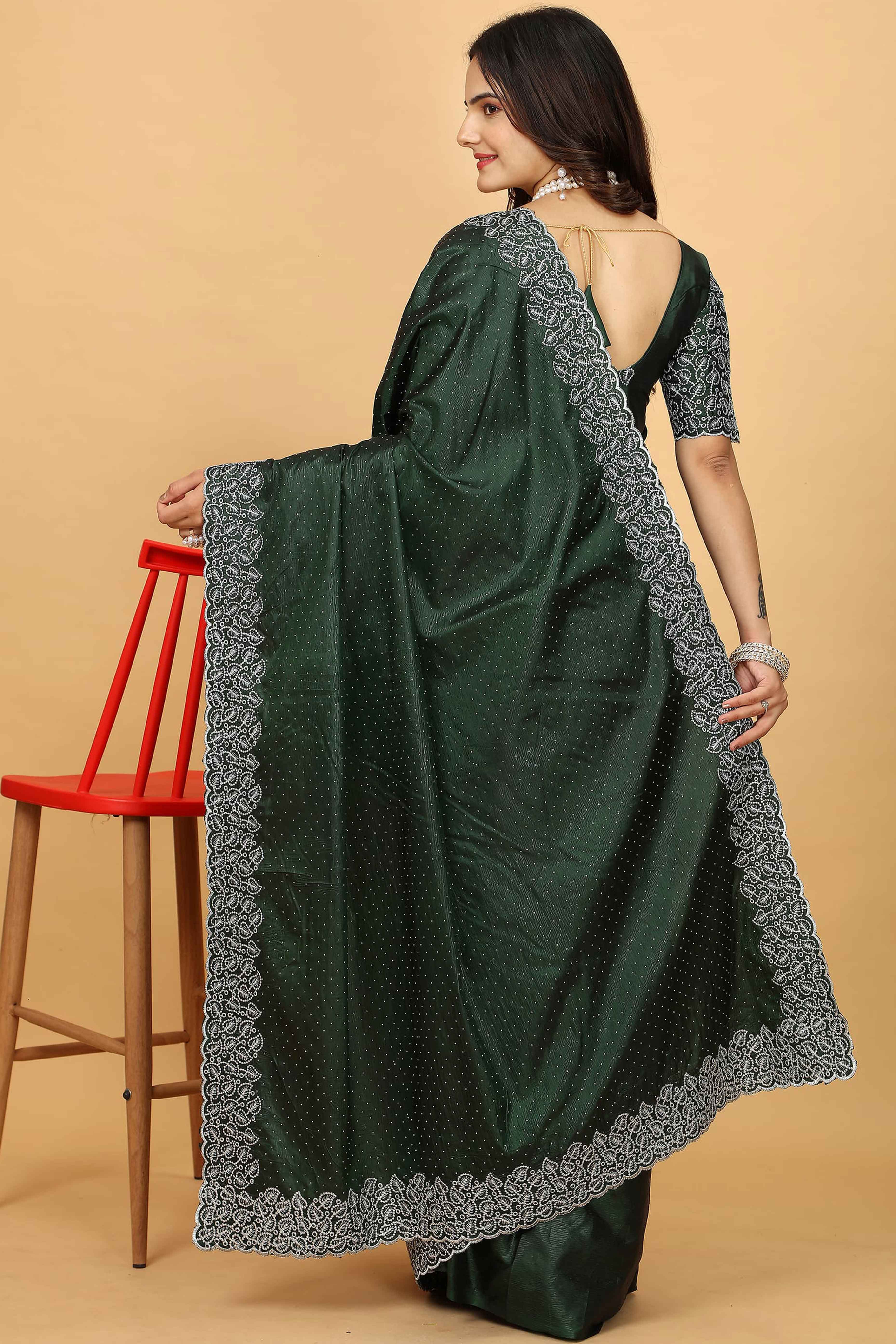 Green Swarovski Work Paper Silk Saree With Embroidery Zari Border