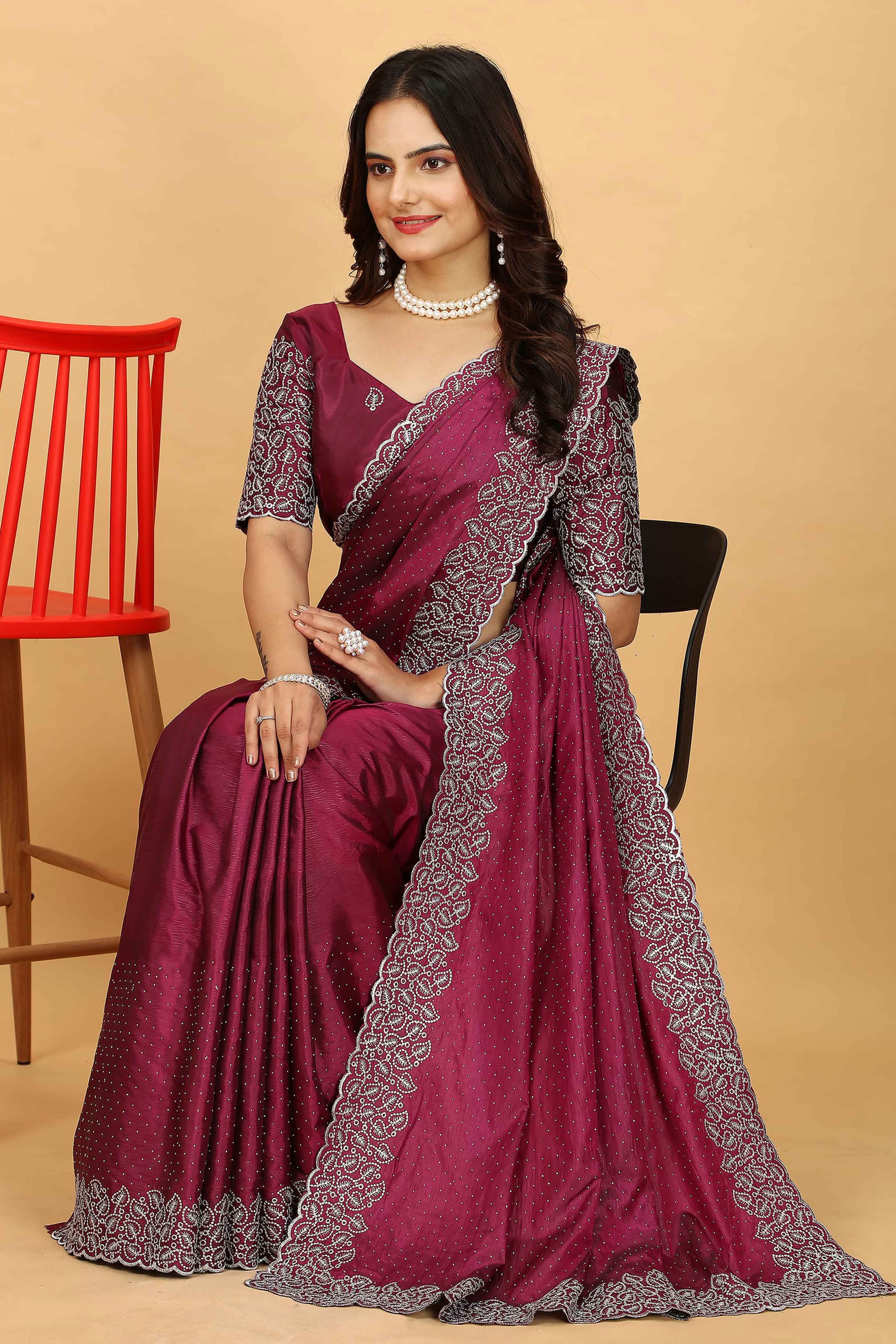 Purple Swarovski Work Paper Silk Saree With Embroidery Zari Border