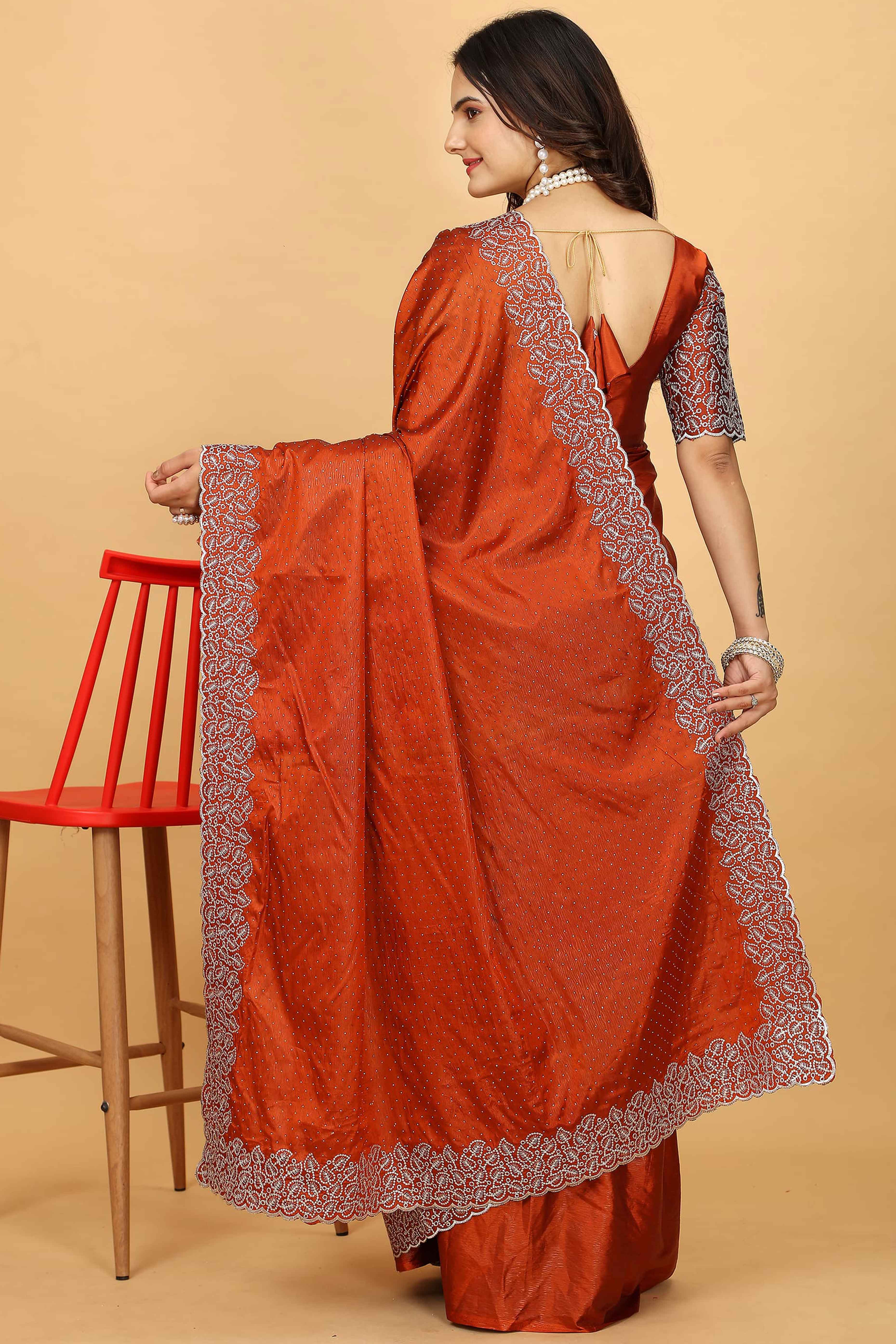 Rust Swarovski Work Paper Silk Saree With Embroidery Zari Border