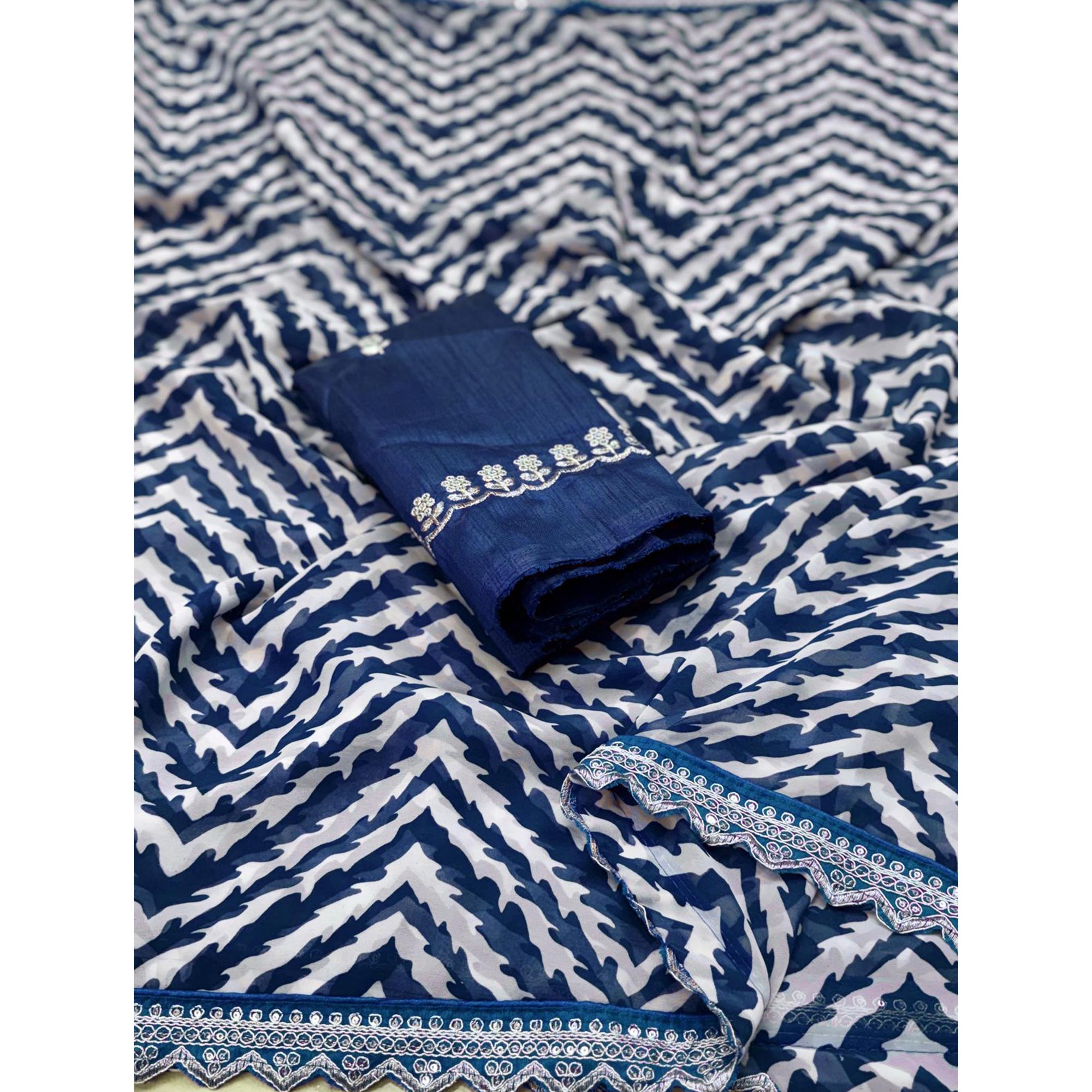 Blue Zig Zag Printed Georgette Saree With Sequins Embroidered Border