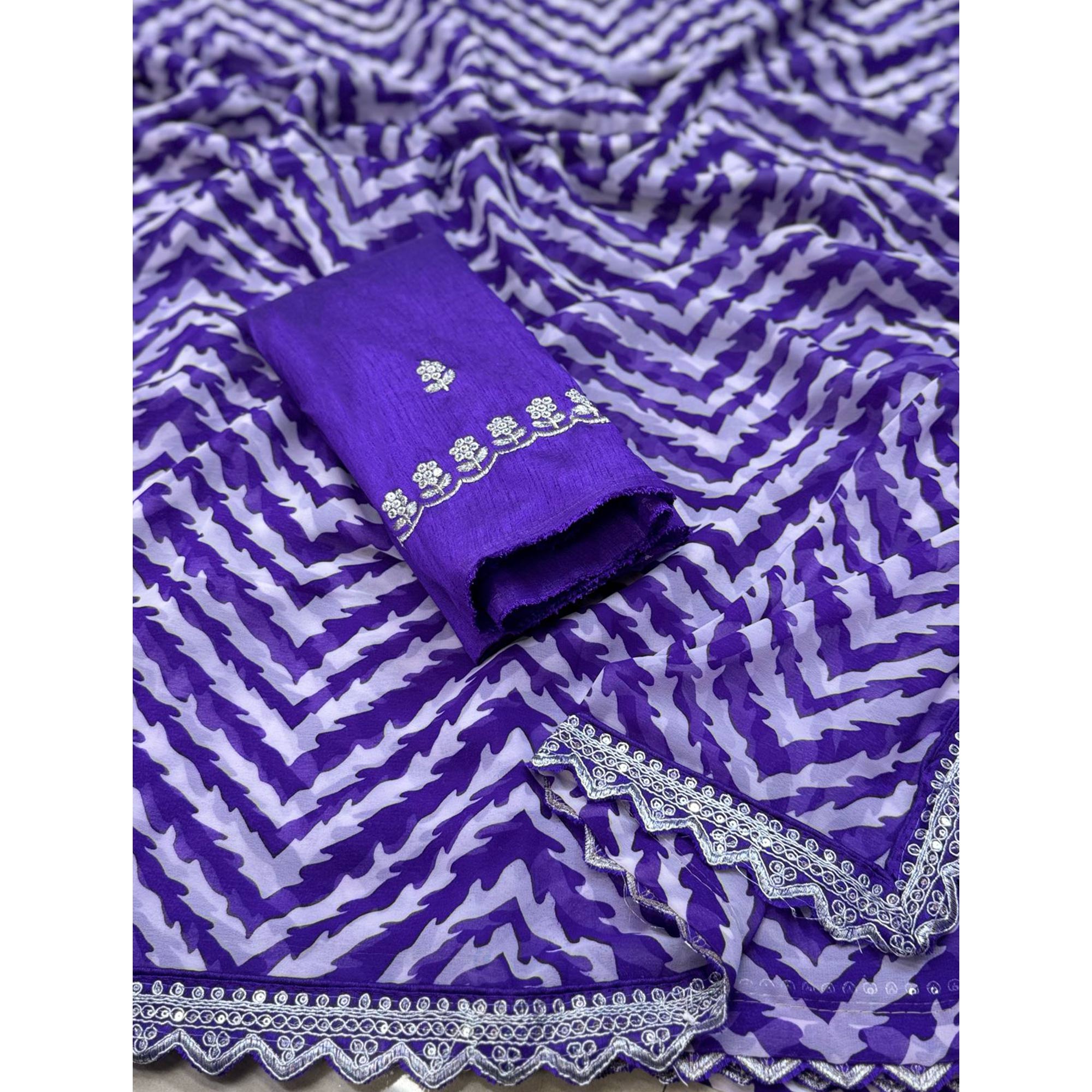 Violet Zig Zag Printed Georgette Saree With Sequins Embroidered Border