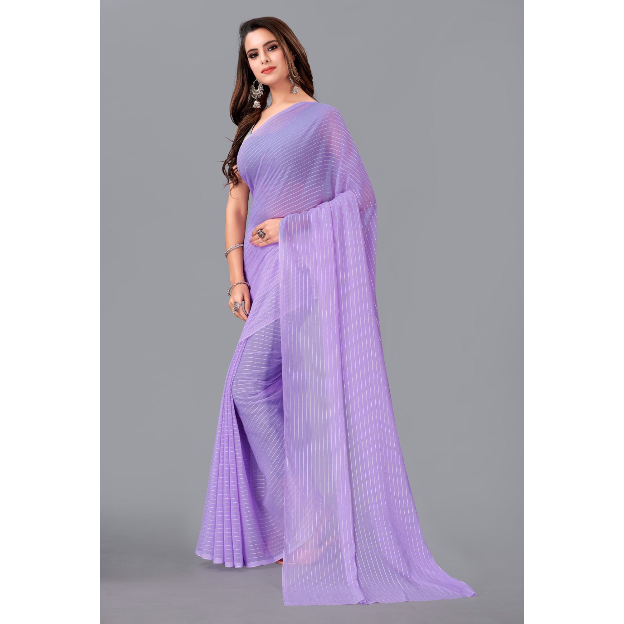Purple Striped Foil Printed Georgette Saree