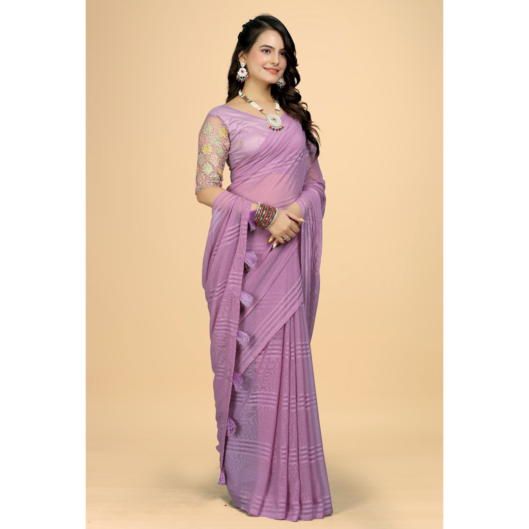 Purple Zari Striped Woven Georgette Saree