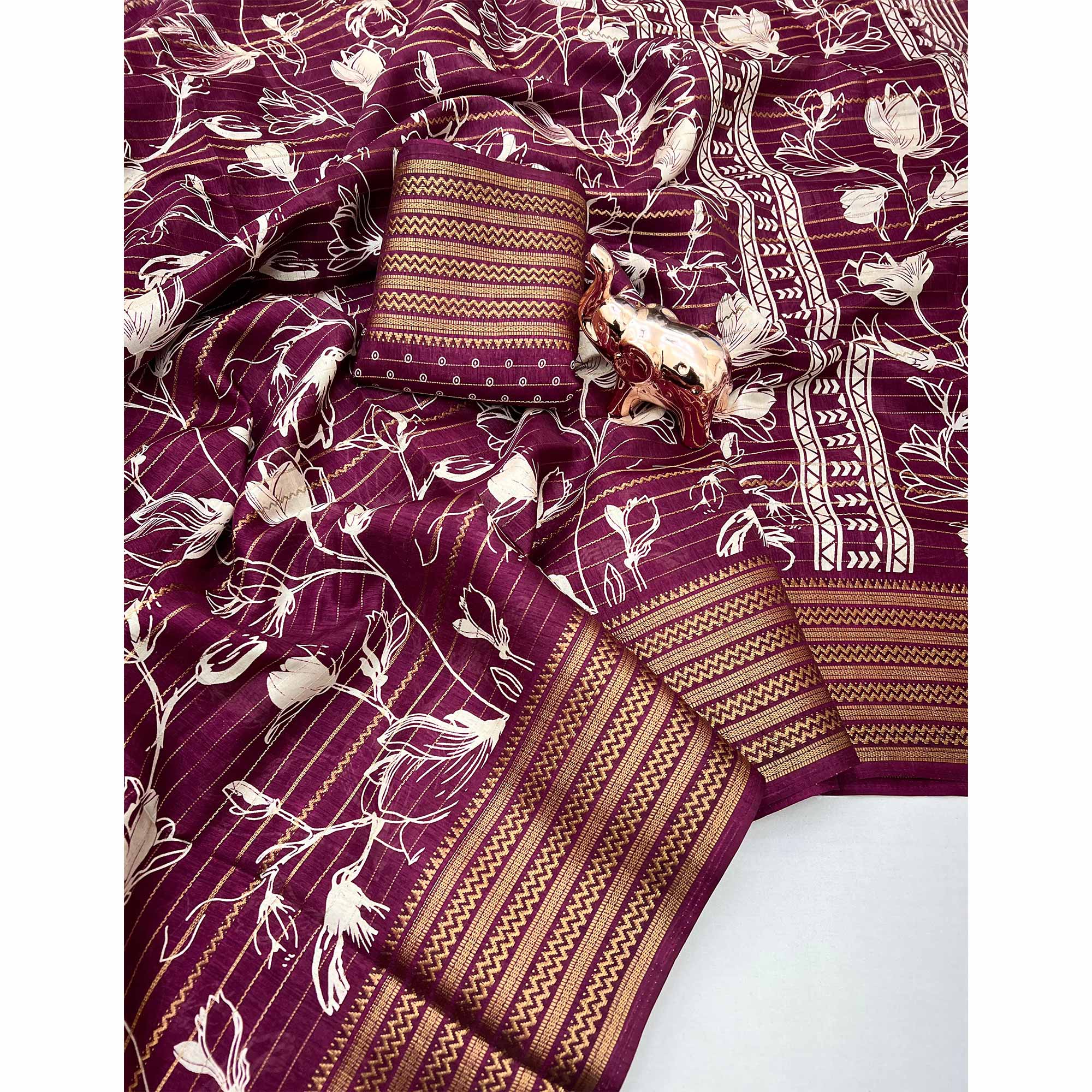 Elegant Wine Floral & Striped Pattern Zari Weaving Dola Silk Saree