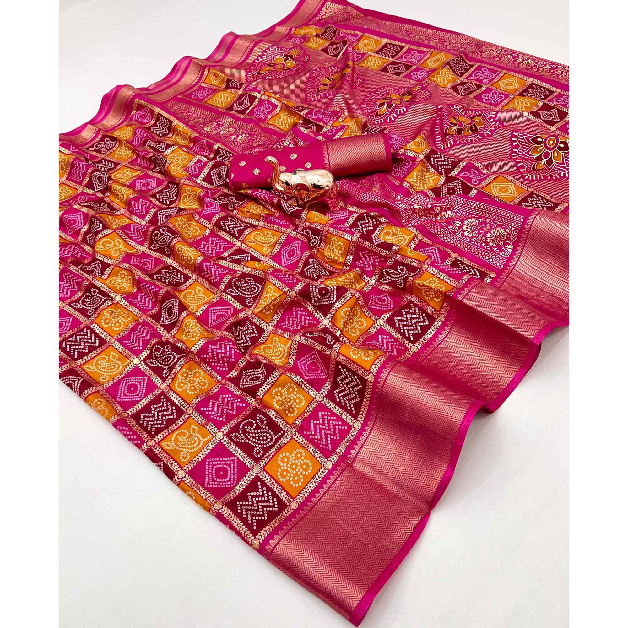 Rani Pink Traditional Bandhani Foil Print Dola Silk Saree With Designer Jacquard Border