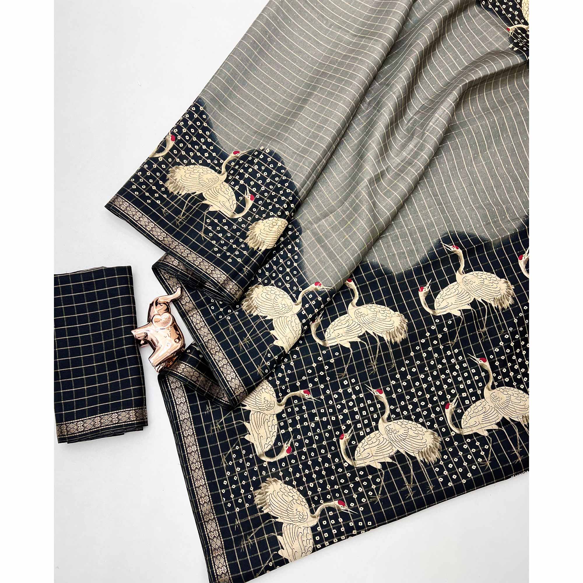 Elegant Grey & Black Checks Weaving Tussar Silk Blend Saree Adorned With Artistic Bird Prints