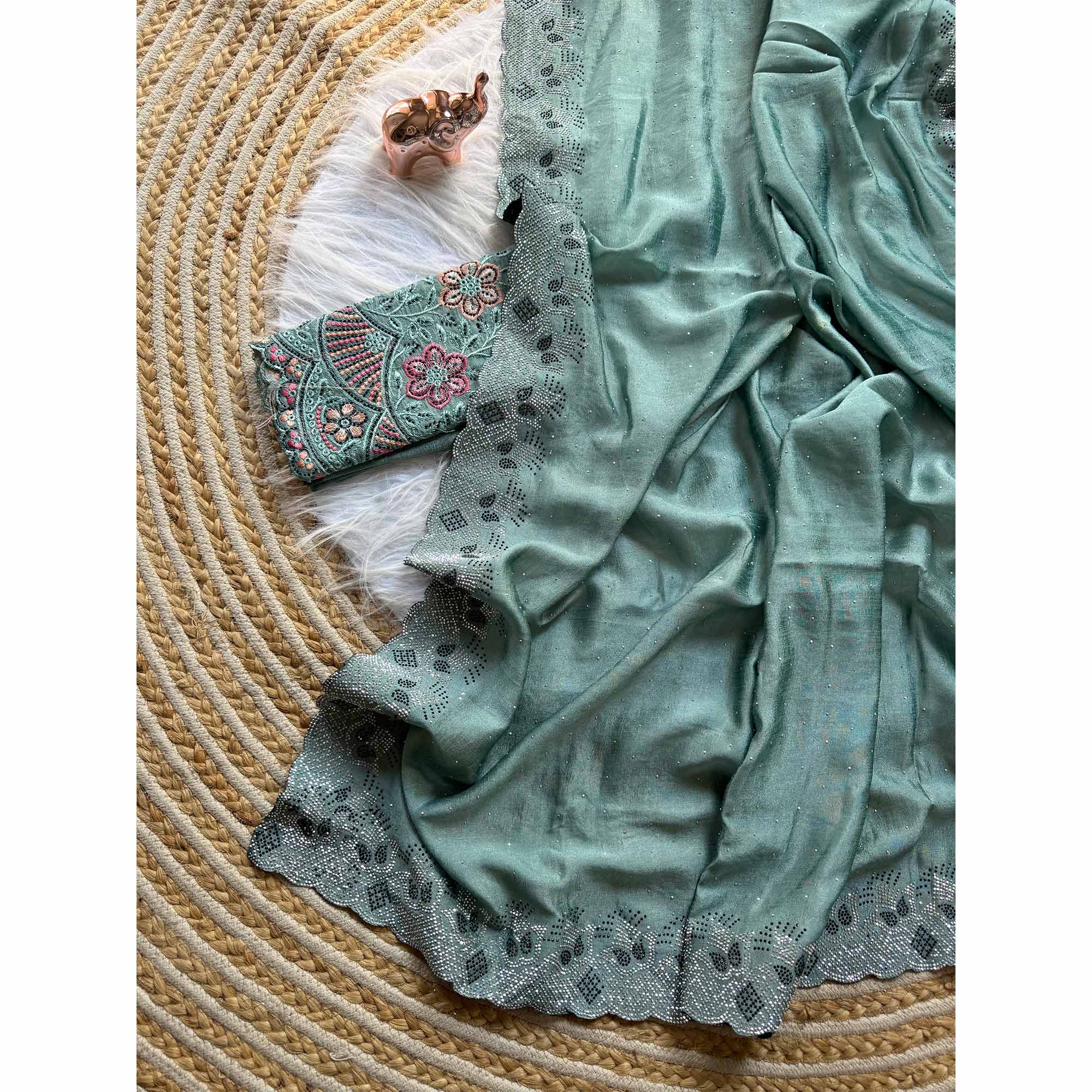 Elegant Dusty Turquoise Vichitra Silk Saree Adorned with Sparkling Swarovski Work & Jarkan Border