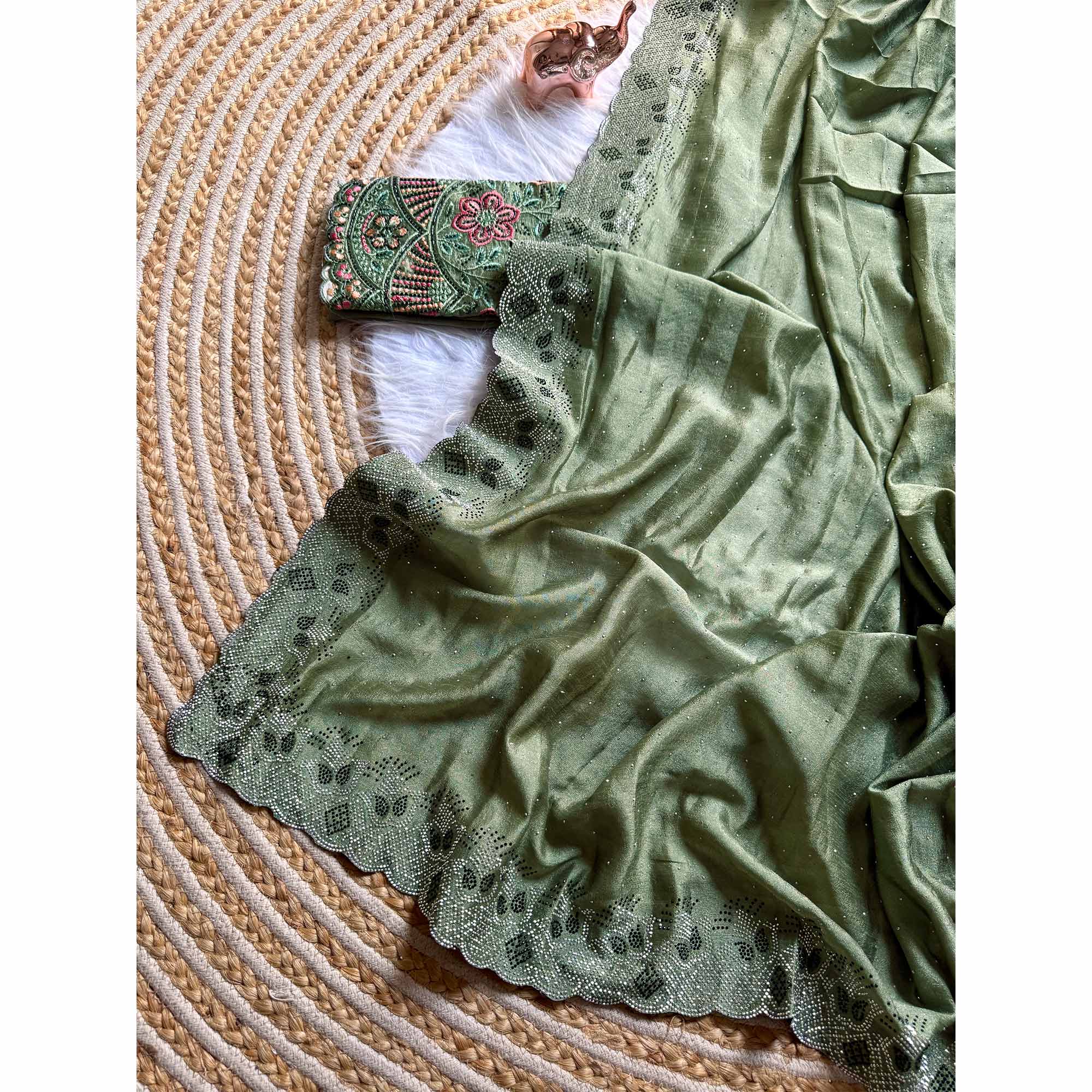 Elegant Green Vichitra Silk Saree Adorned with Sparkling Swarovski Work & Jarkan Border