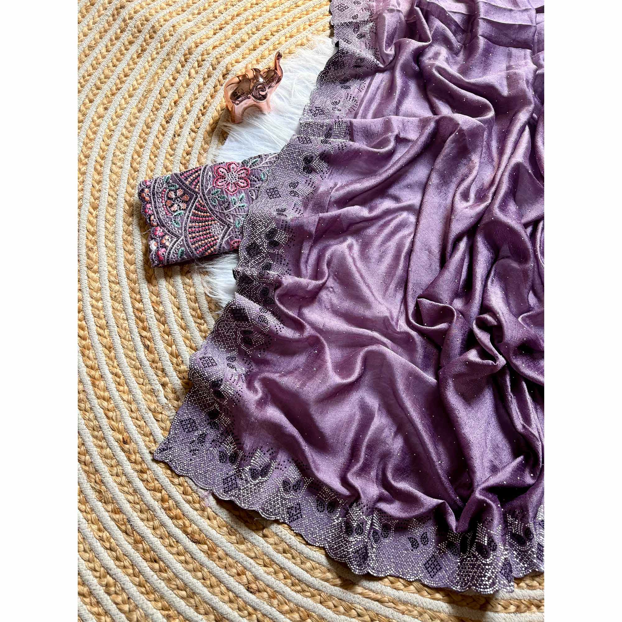 Elegant Lavender Vichitra Silk Saree Adorned with Sparkling Swarovski Work & Jarkan Border