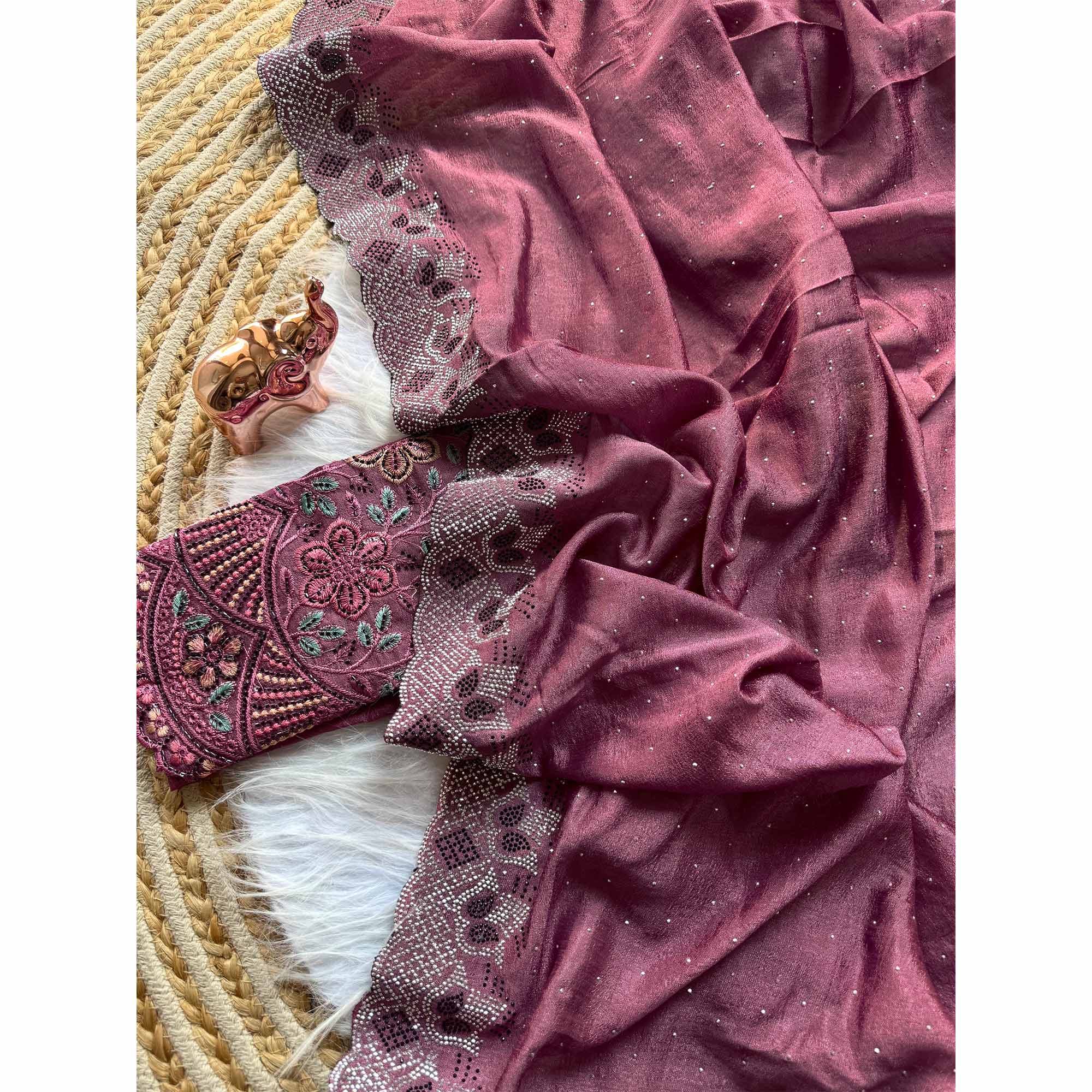 Elegant Mauve Vichitra Silk Saree Adorned with Sparkling Swarovski Work & Jarkan Border