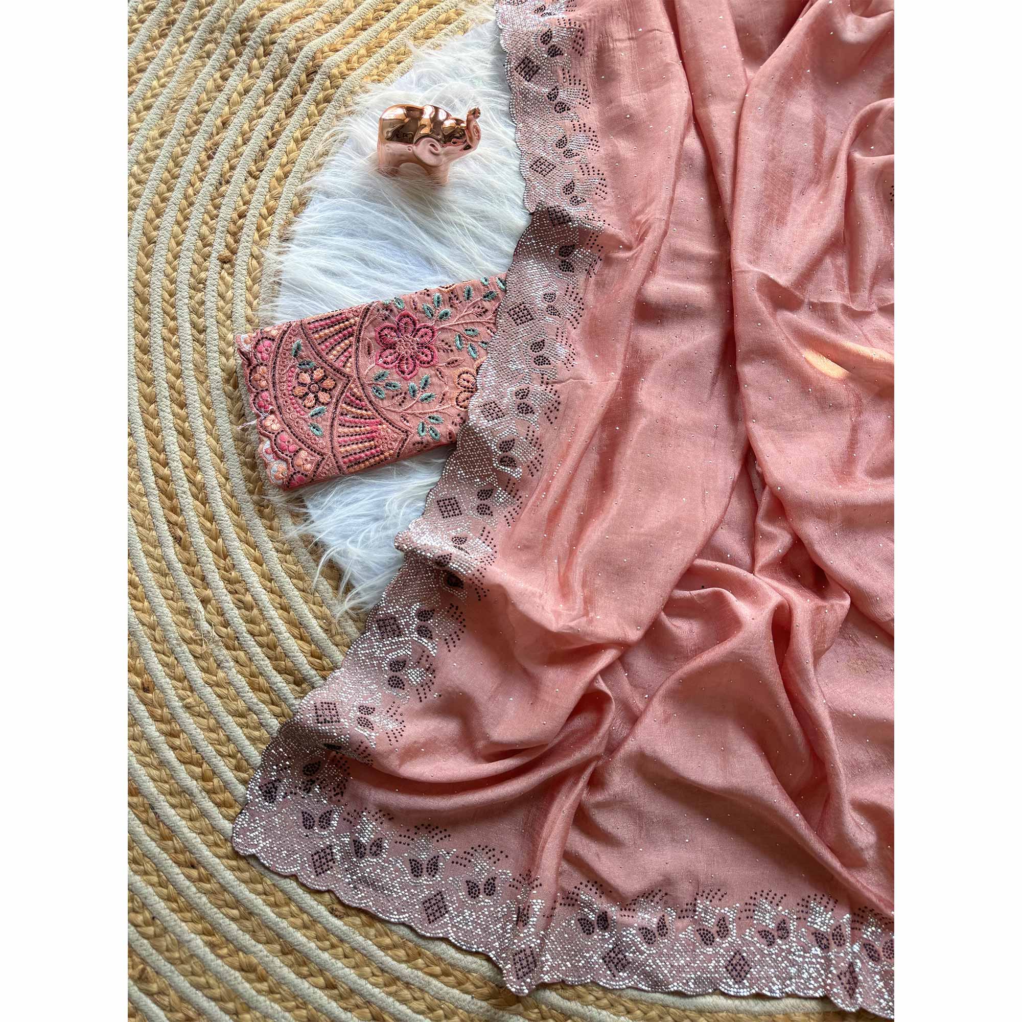 Elegant Peach Vichitra Silk Saree Adorned with Sparkling Swarovski Work & Jarkan Border