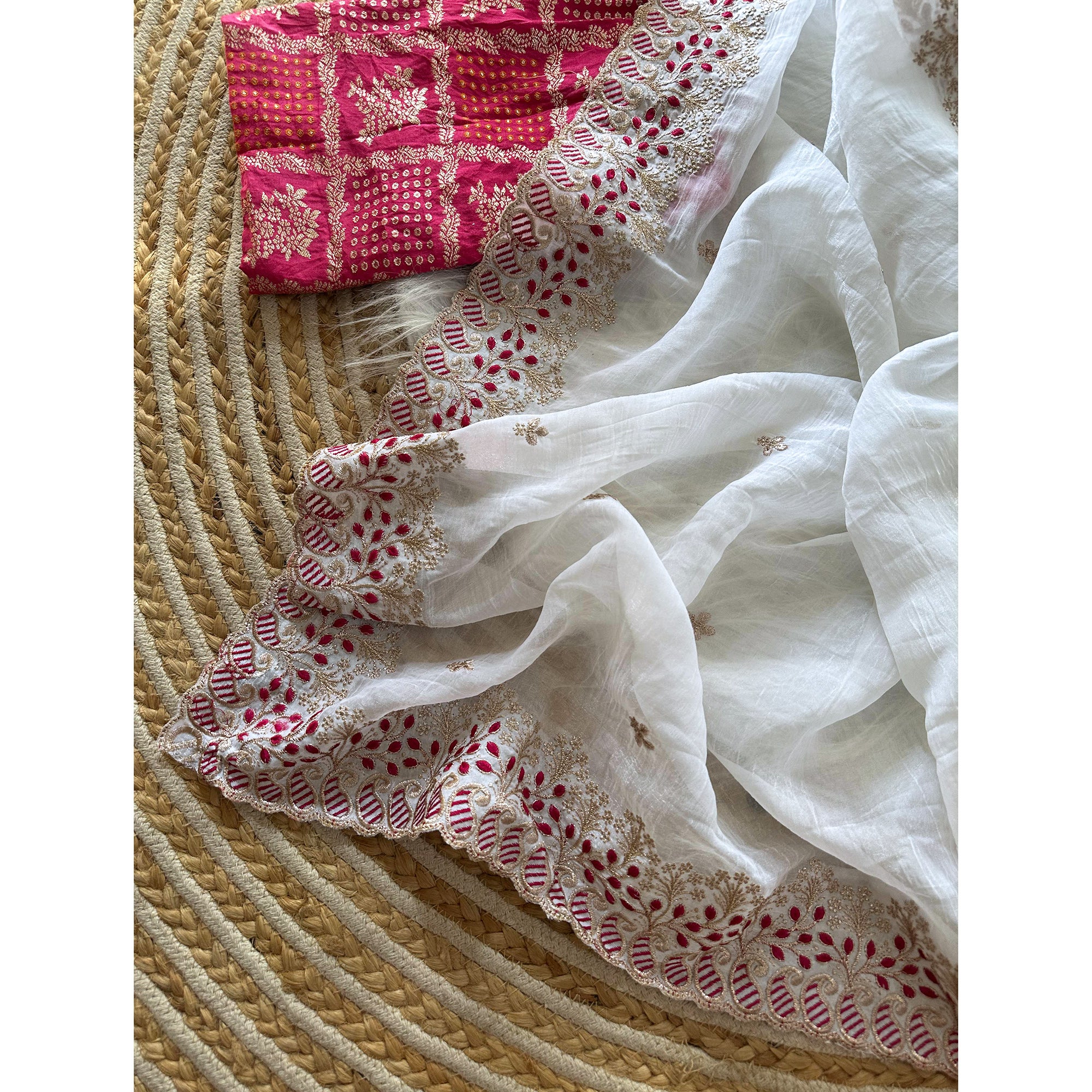 White Paper Crush Pure Silk Saree Featuring Intricate Floral Embroidery Craftsmanship