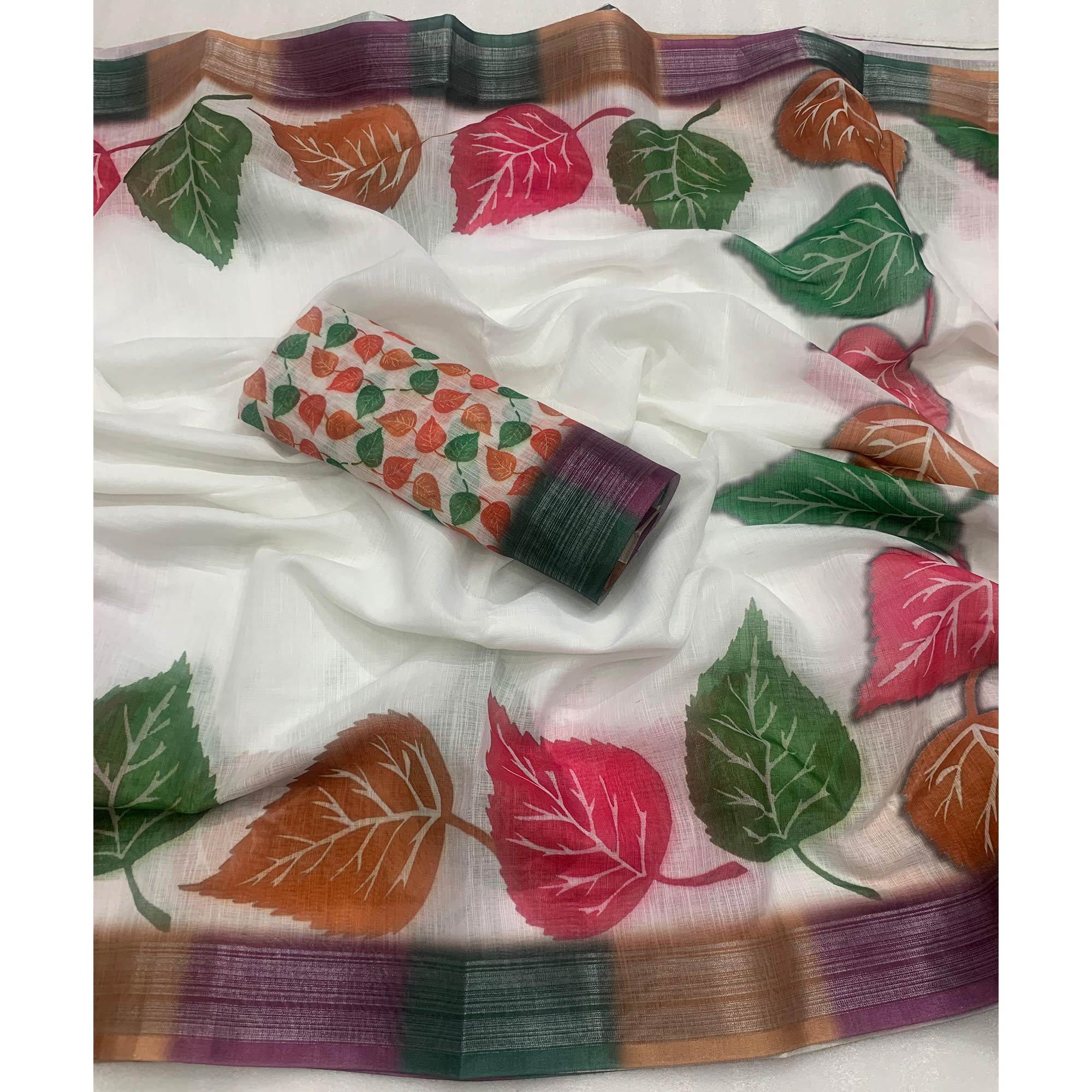 White Printed Linen Saree With Zari Work