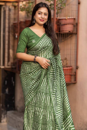 Green Digital Printed Linen Cotton Saree