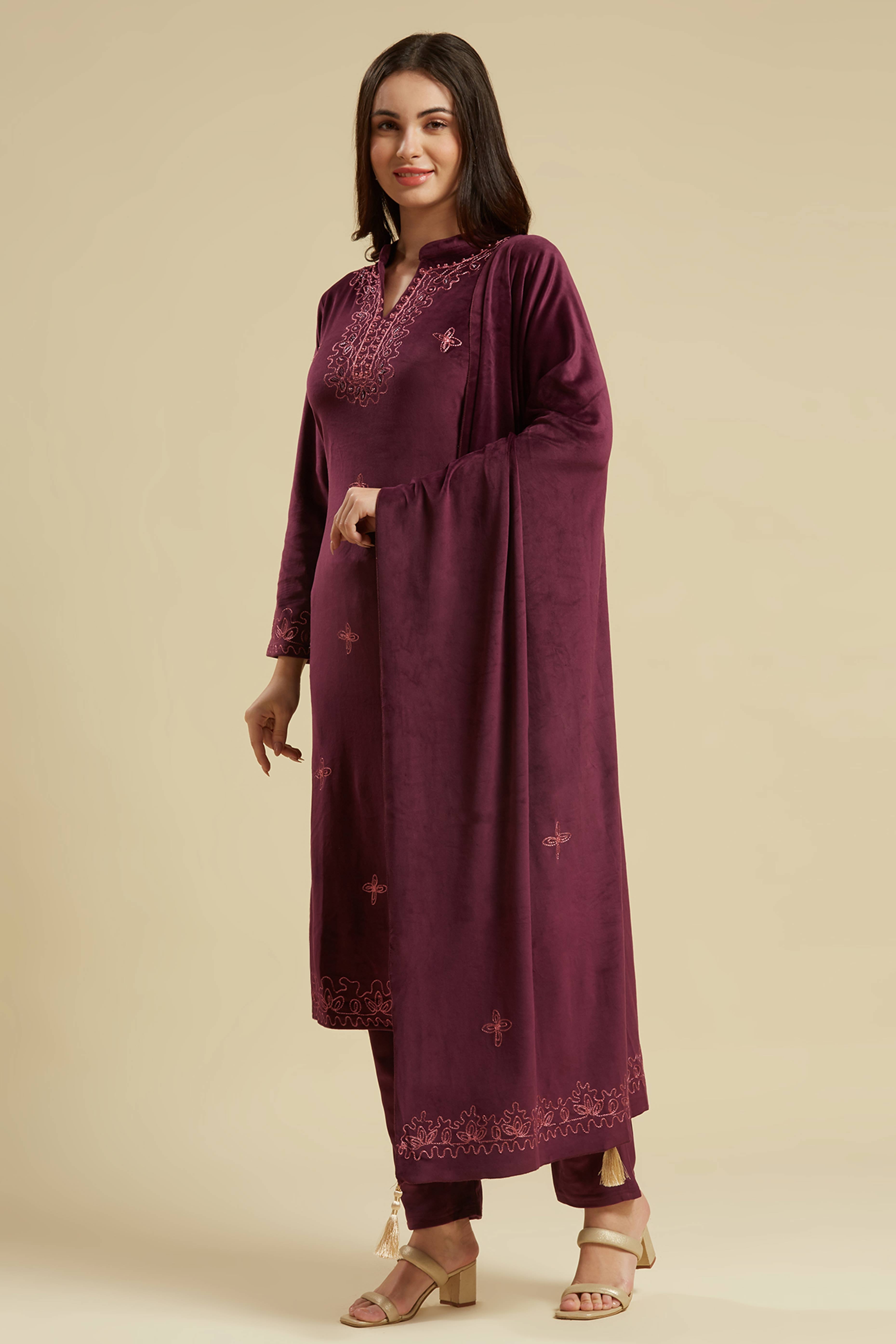Wine Embroidered Velvet Straight Salwar Suit