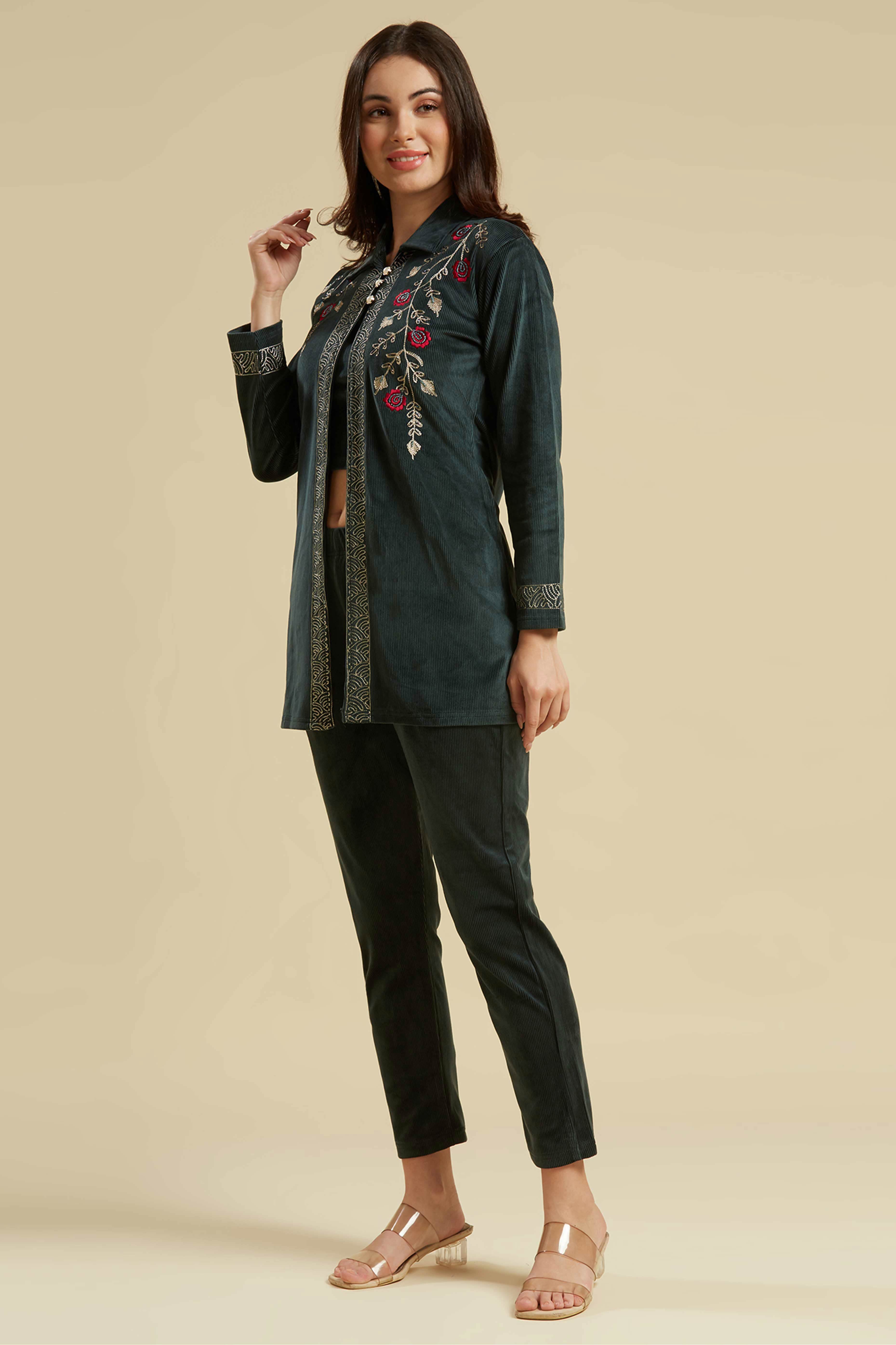 Green Embroidered Velvet Front Slit Top Bottom Set