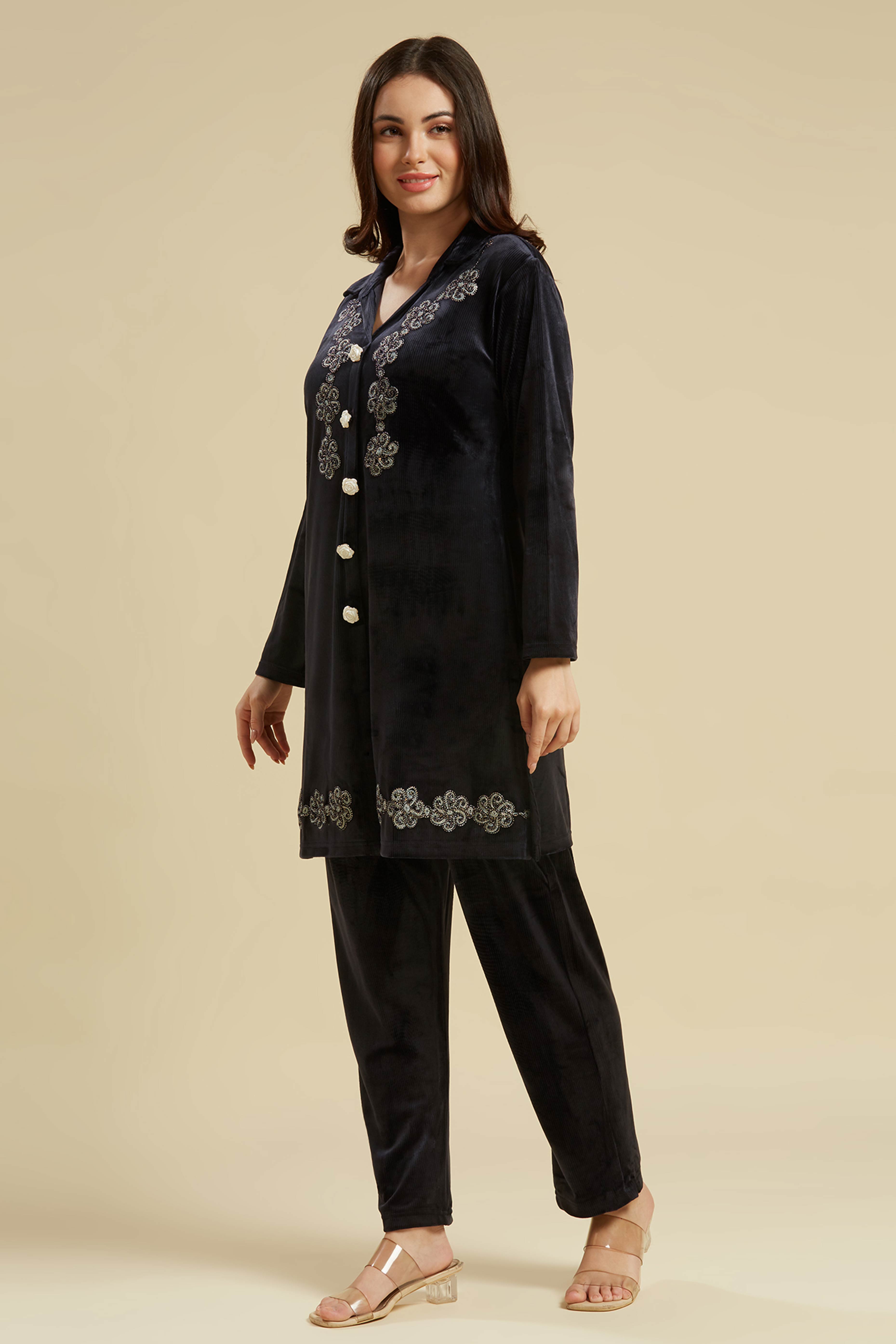 Navy Blue Embroidered Velvet A-Line Top Bottom Set