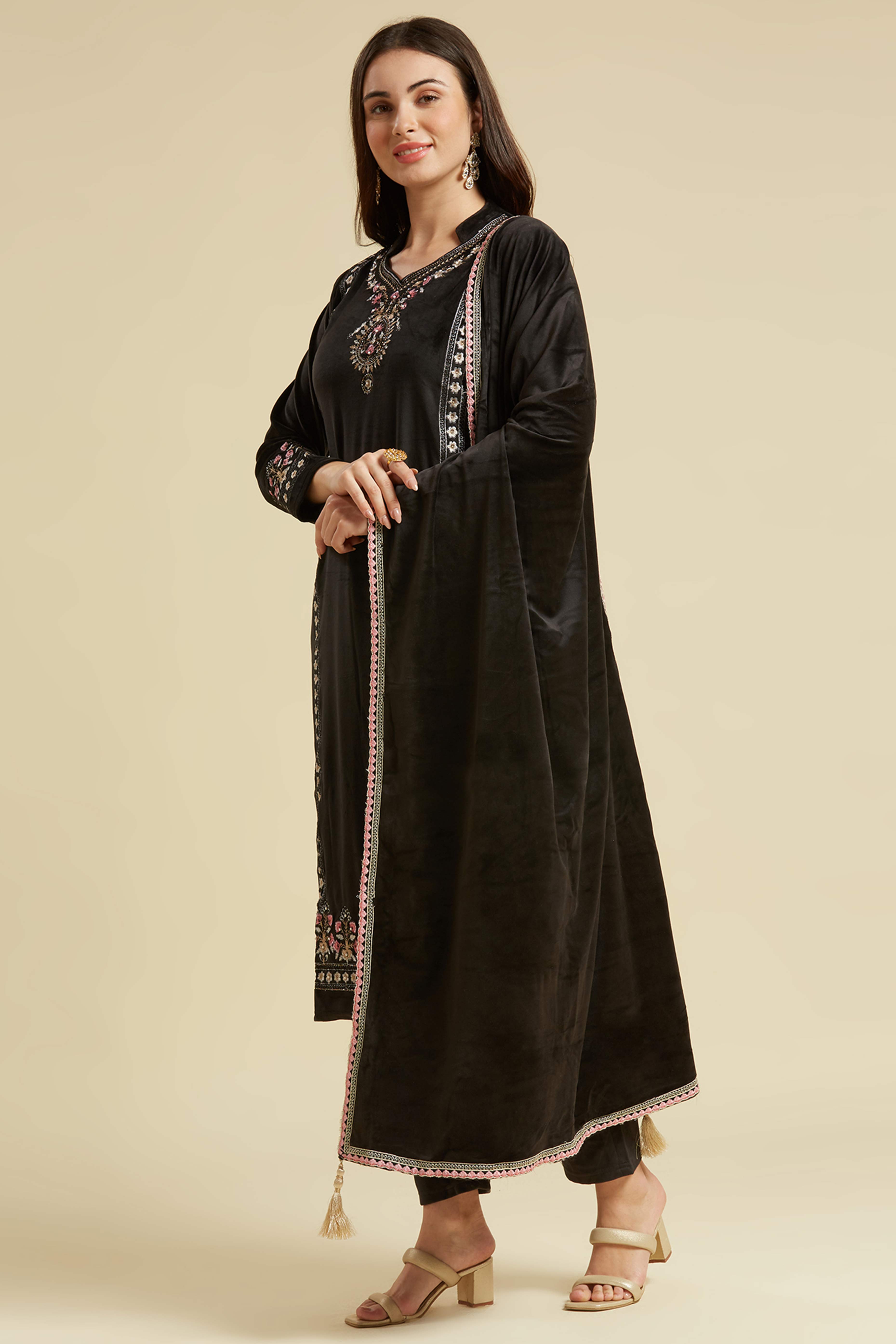 Black Embroidered Velvet Straight Salwar Suit