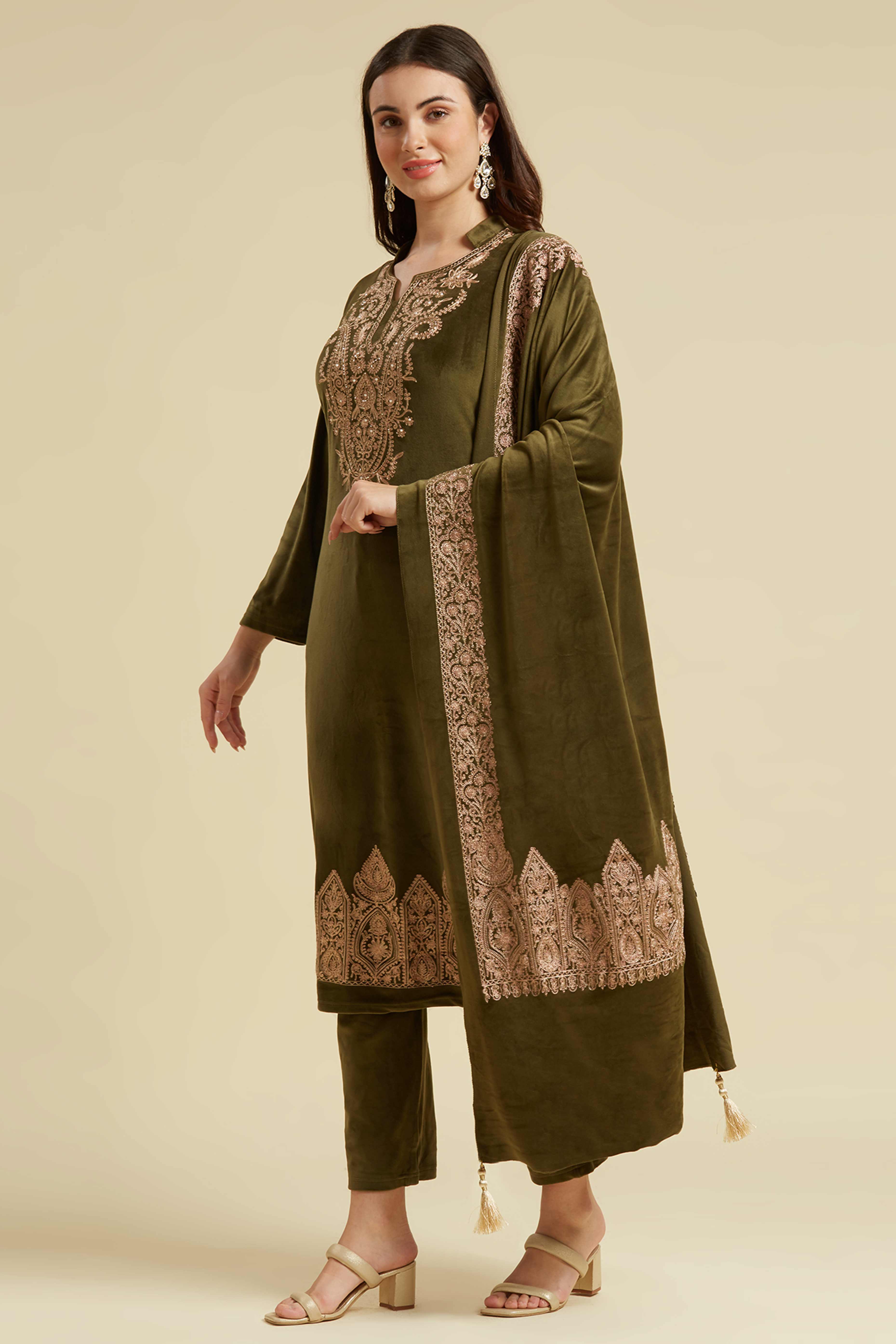 Green Embroidered Velvet Straight Salwar Suit