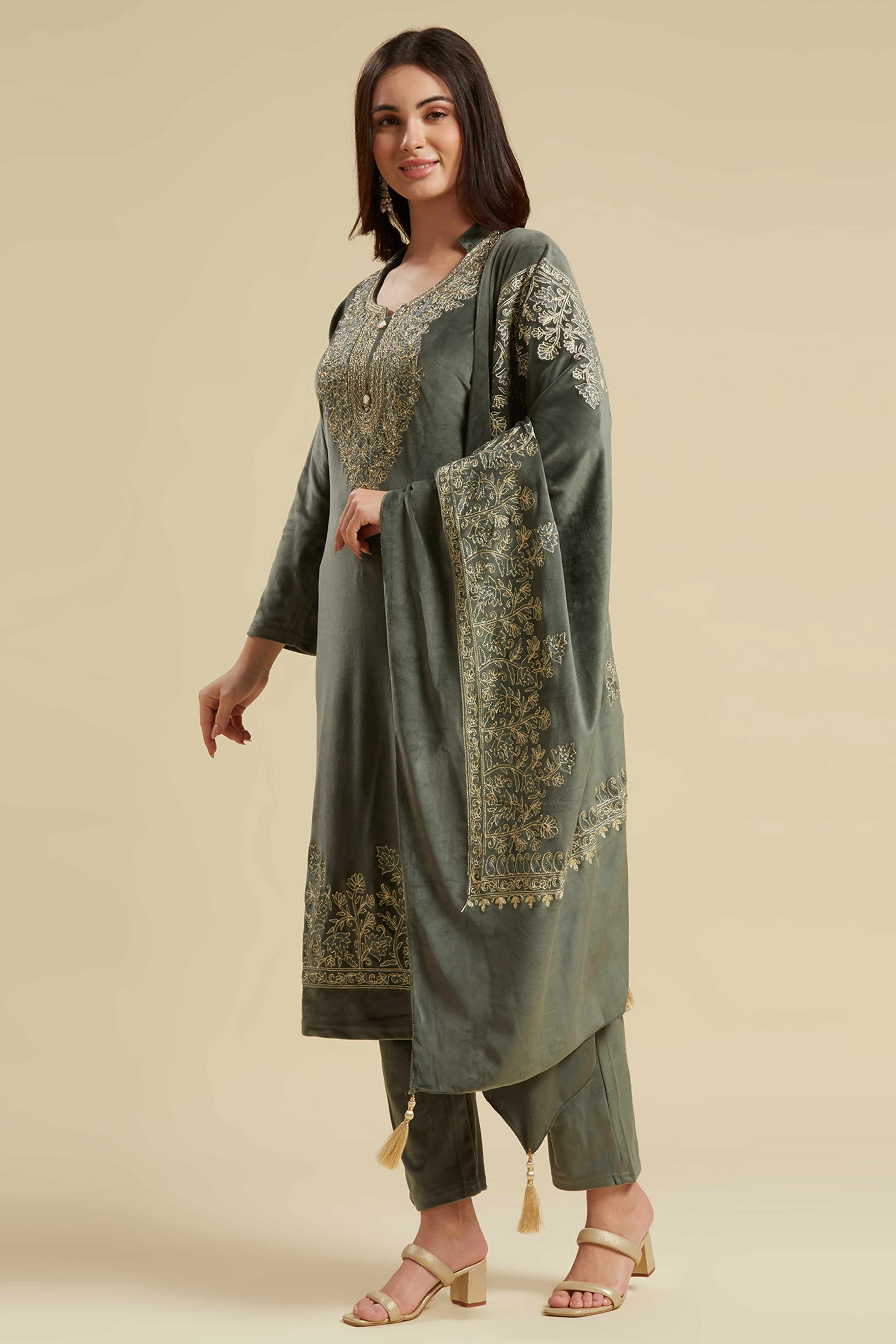 Green Embroidered Velvet Straight Salwar Suit