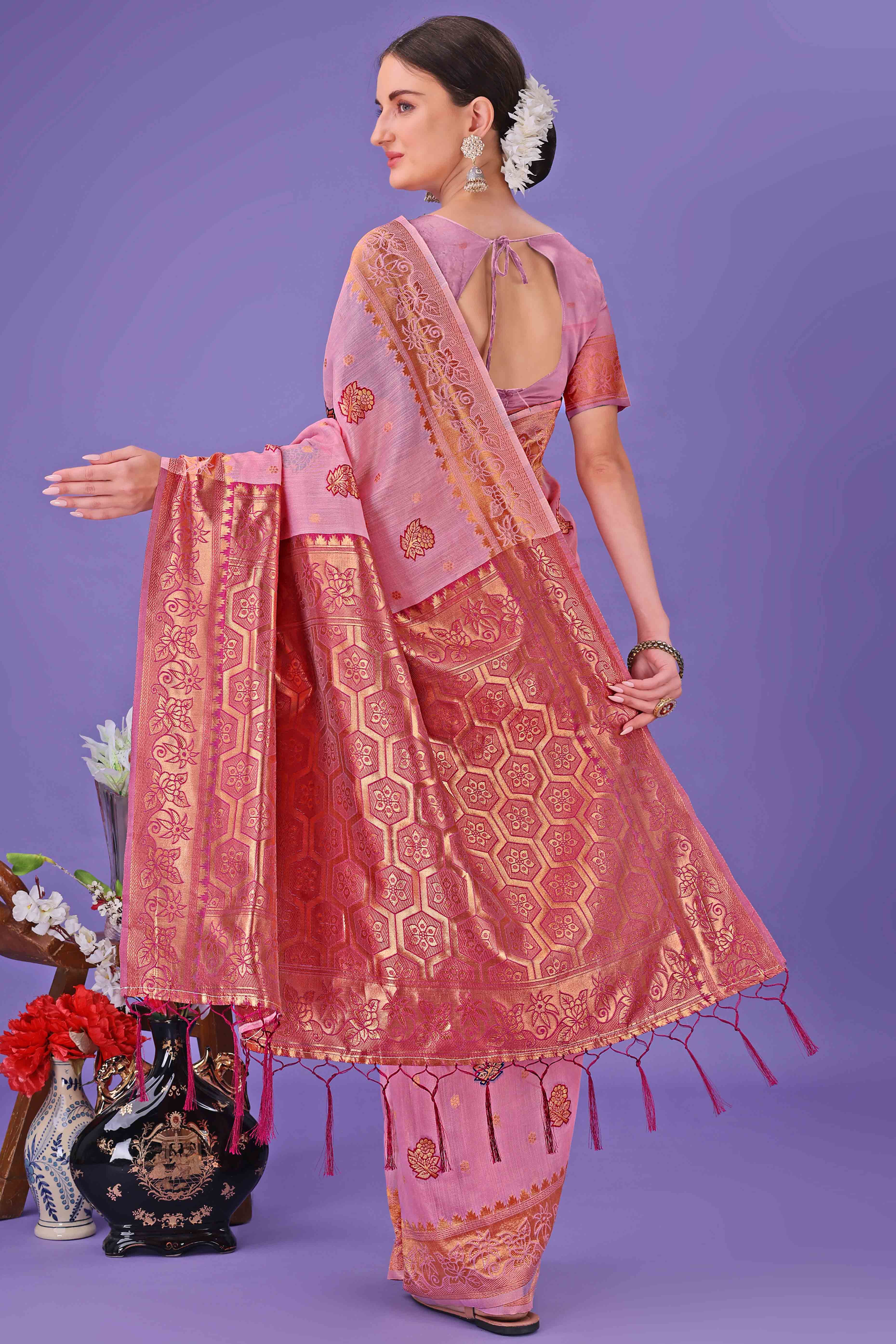 Light Pink Saree with Floral Zari Weaving on a Linen Cotton Base