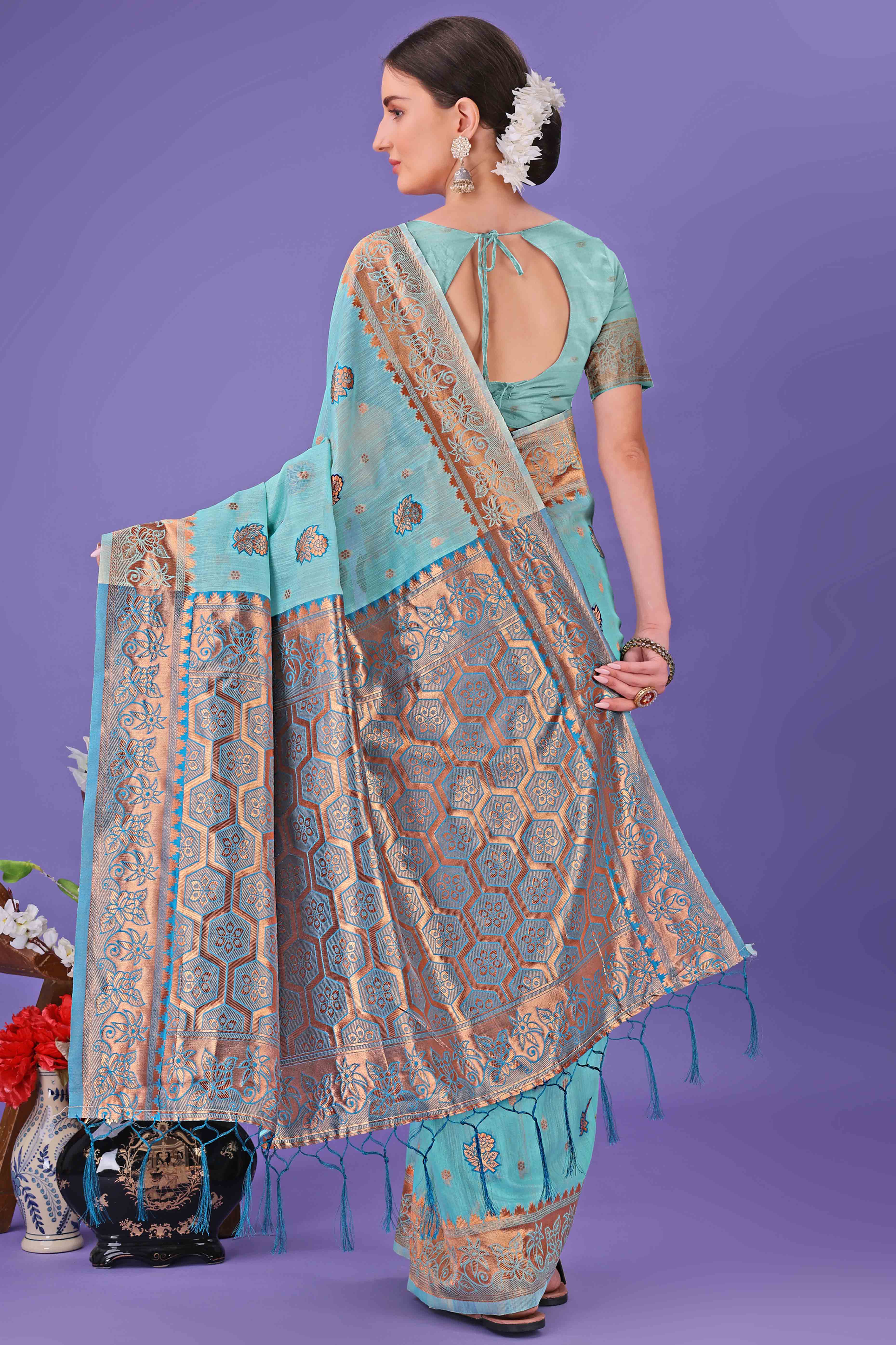 Sea Green Saree with Floral Zari Weaving on a Linen Cotton Base