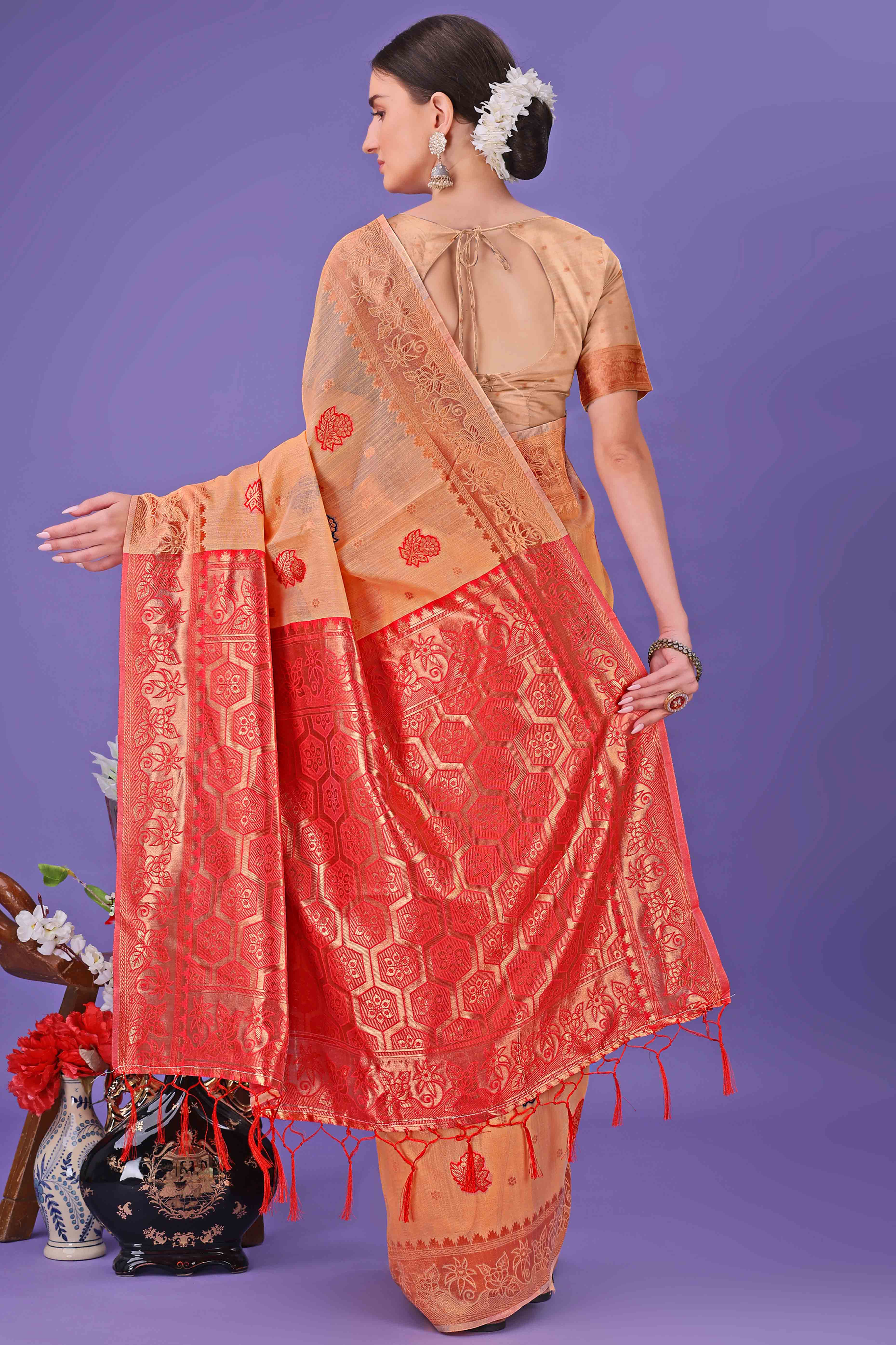 Orange with Floral Zari Weaving on a Linen Cotton Base