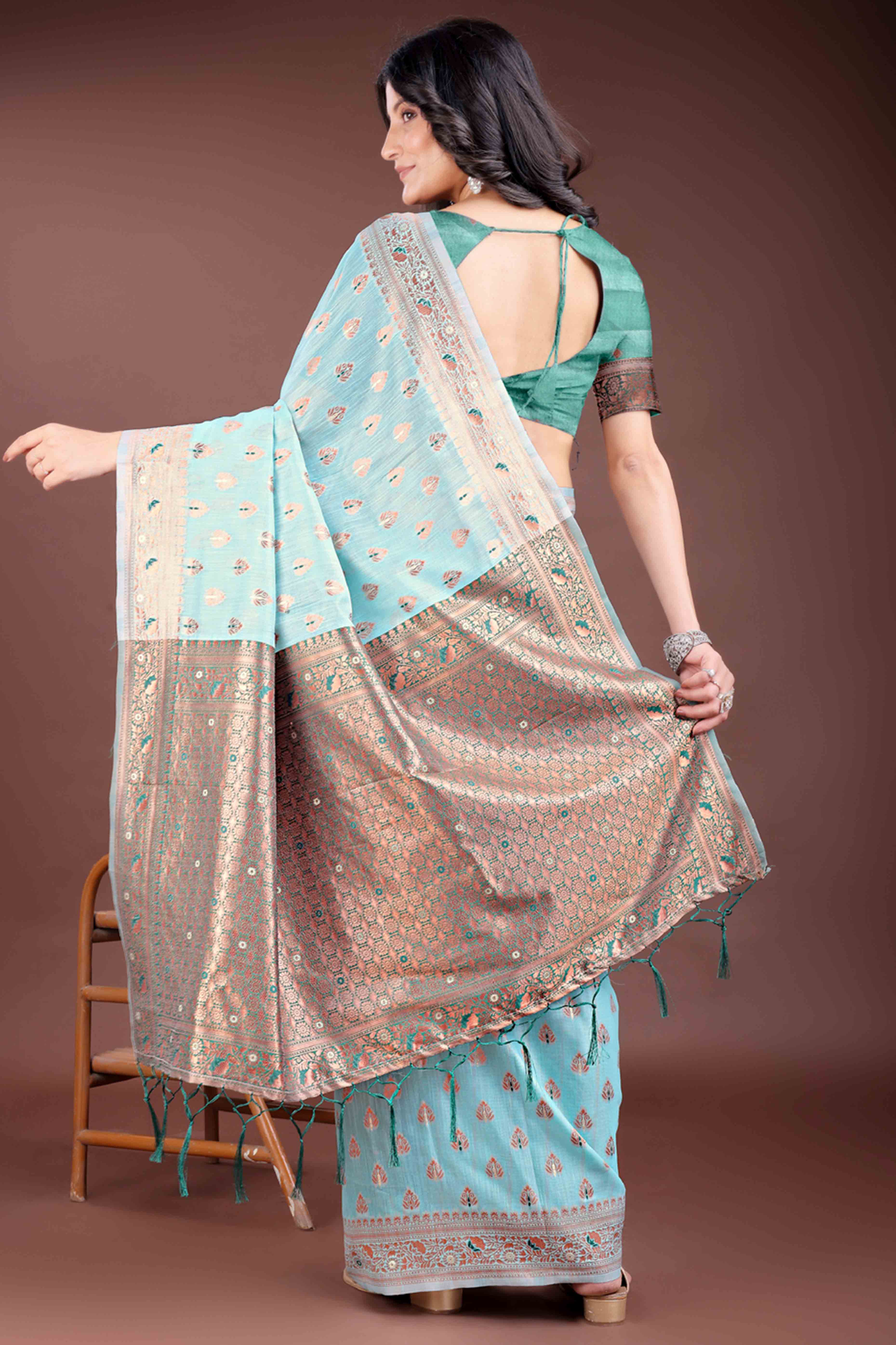 Serene Aqua Blue Floral Zari Weaving Cotton Blend Saree with Charming Tassel Ornaments