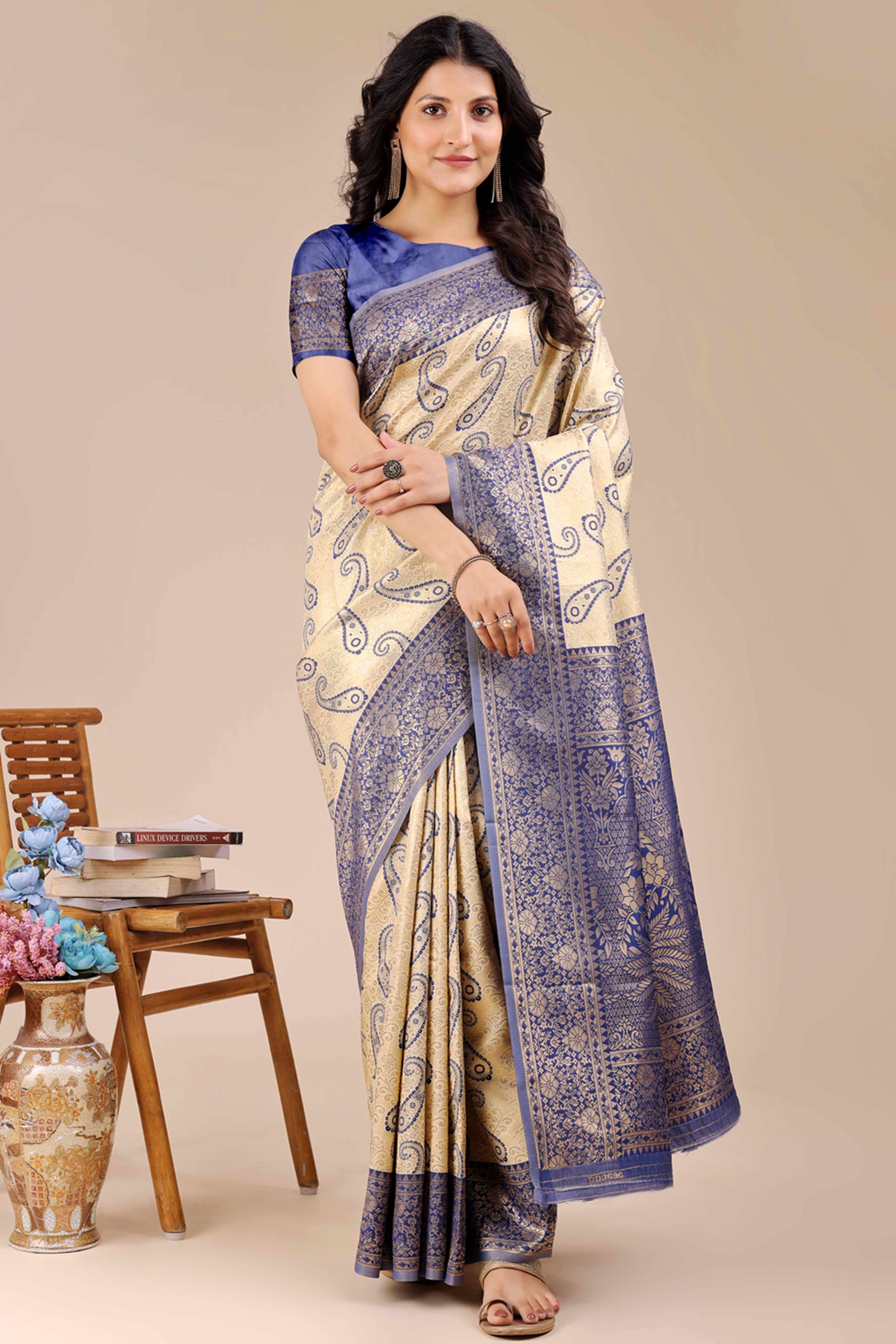 Cream Banarasi Silk Saree Featuring Navy Blue Floral Zari Weaving and a Rich Contrast Border